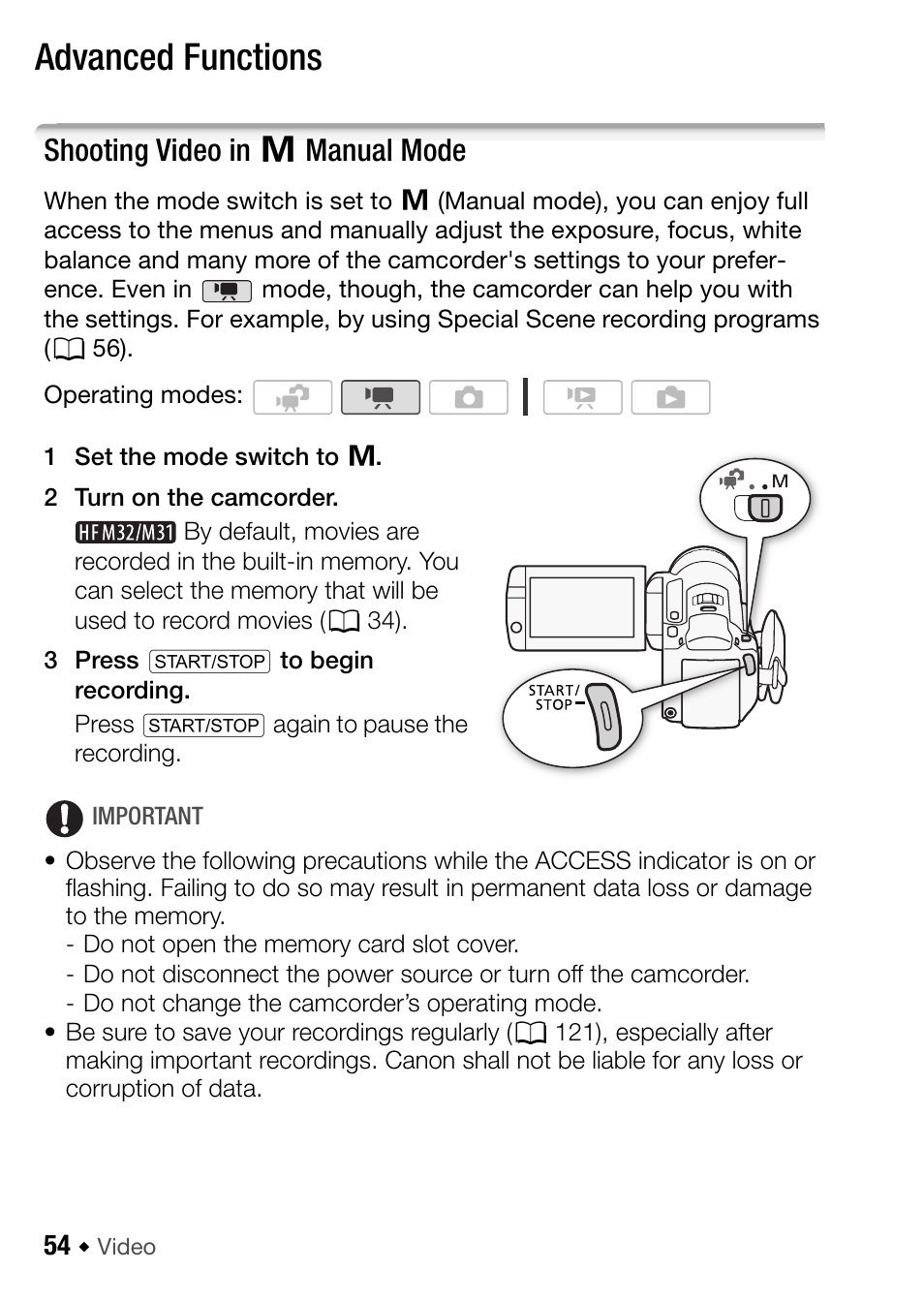 Advanced functions, Shooting video in, Y manual mode | 54) and photos, Shooting video in y manual mode | Canon HF M31 User Manual | Page 54 / 201