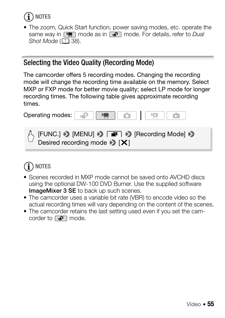 Selecting the video quality (recording mode) | Canon HF M31 User Manual | Page 55 / 201