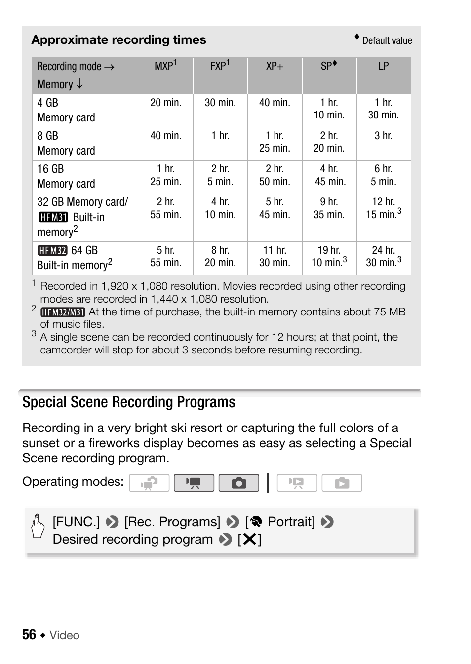 Special scene recording programs, Func.] 8 [rec. programs] 8, Portrait] 8 desired recording program 8 [ a | Canon HF M31 User Manual | Page 56 / 201