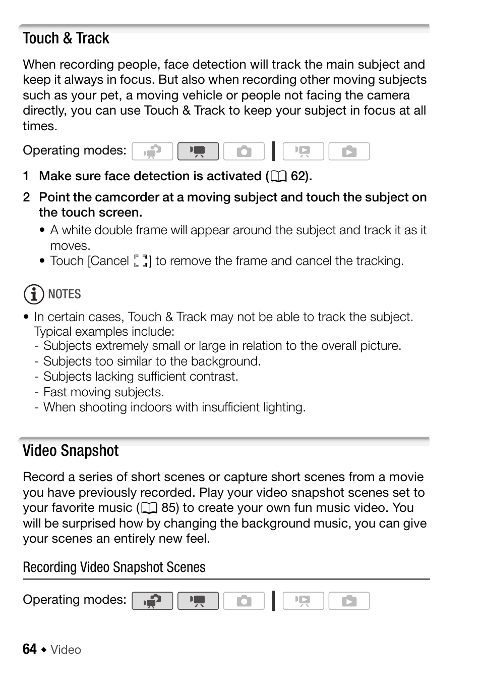 Touch & track, Video snapshot, 64) to | Canon HF M31 User Manual | Page 64 / 201