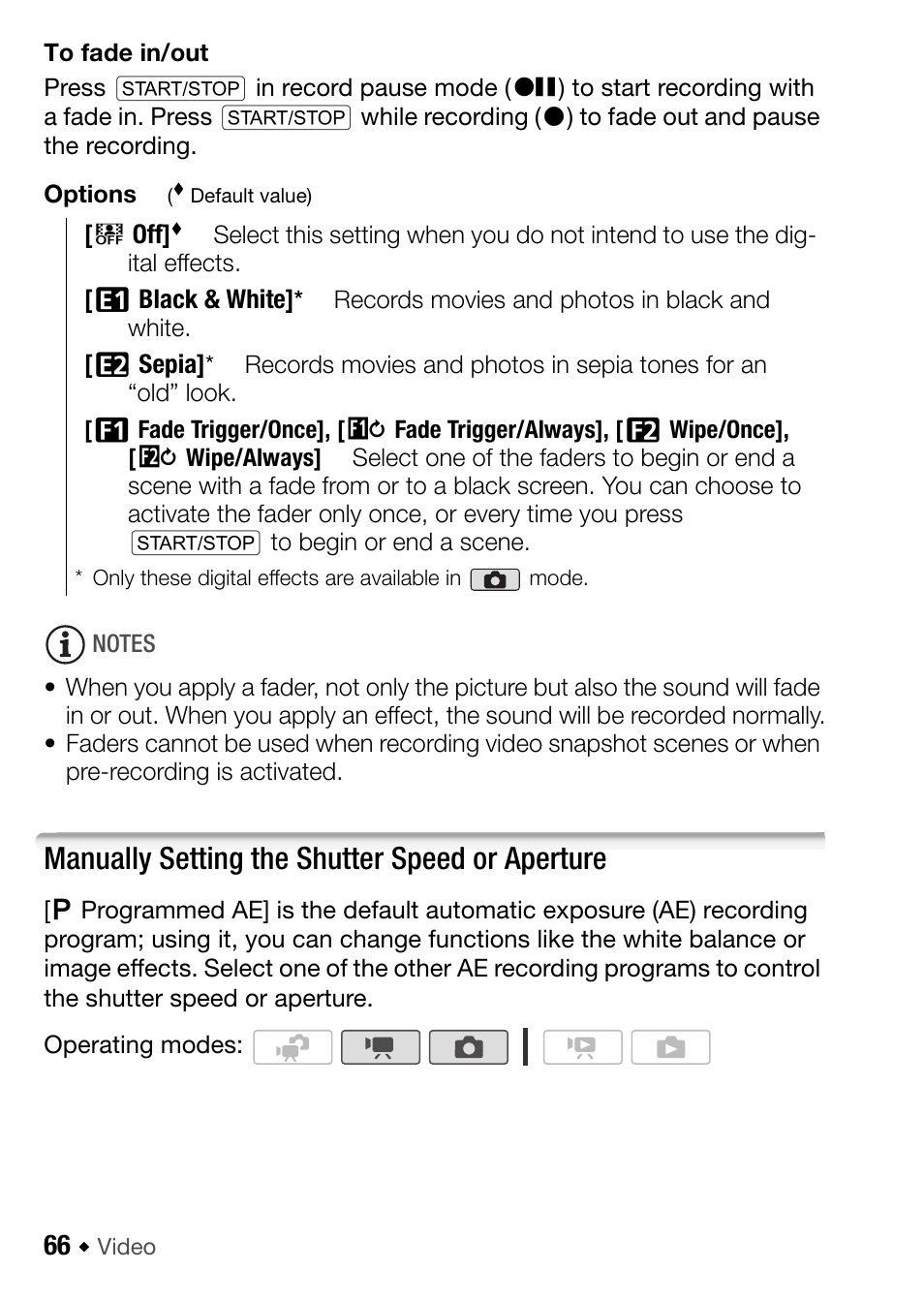 Manually setting the shutter speed or aperture | Canon HF M31 User Manual | Page 66 / 201