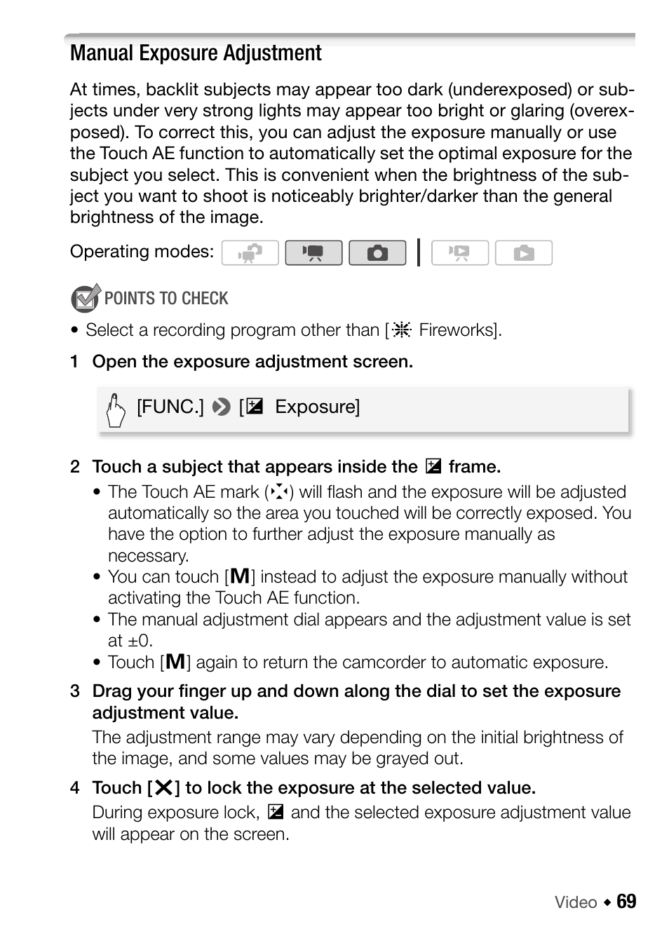 Manual exposure adjustment | Canon HF M31 User Manual | Page 69 / 201