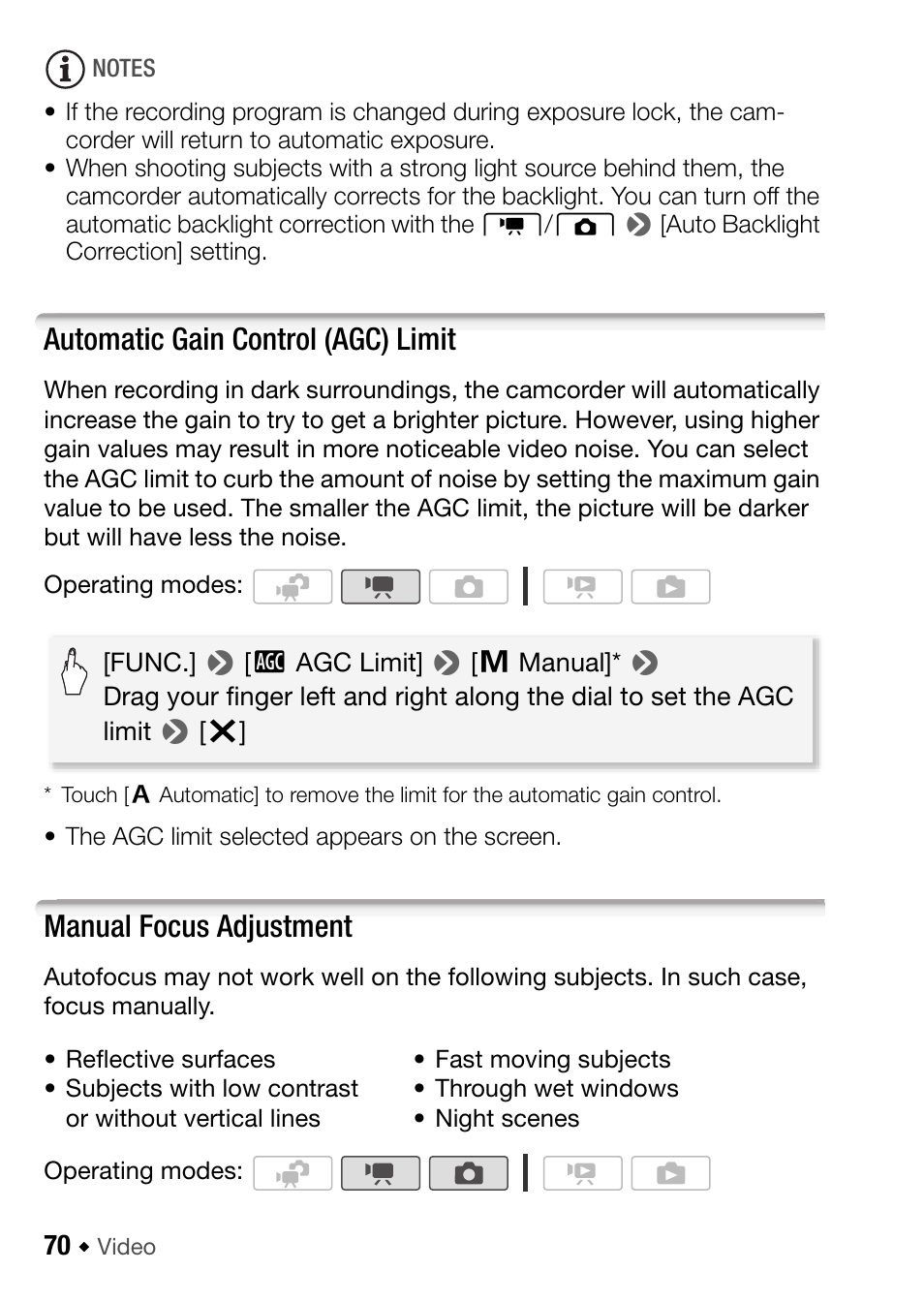 Automatic gain control (agc) limit, Manual focus adjustment | Canon HF M31 User Manual | Page 70 / 201