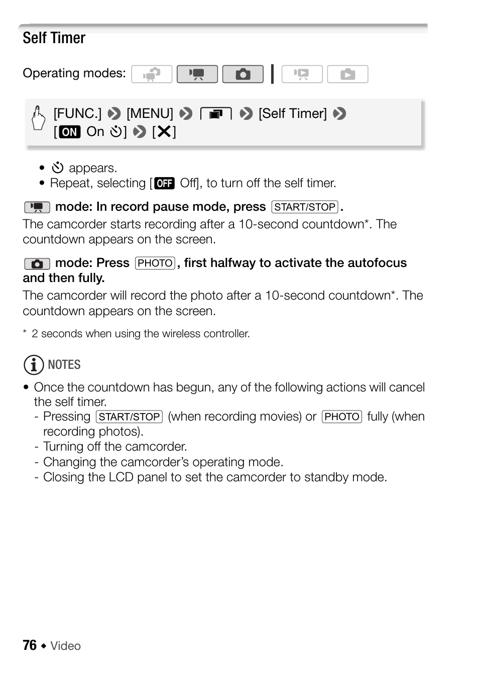 Self timer | Canon HF M31 User Manual | Page 76 / 201