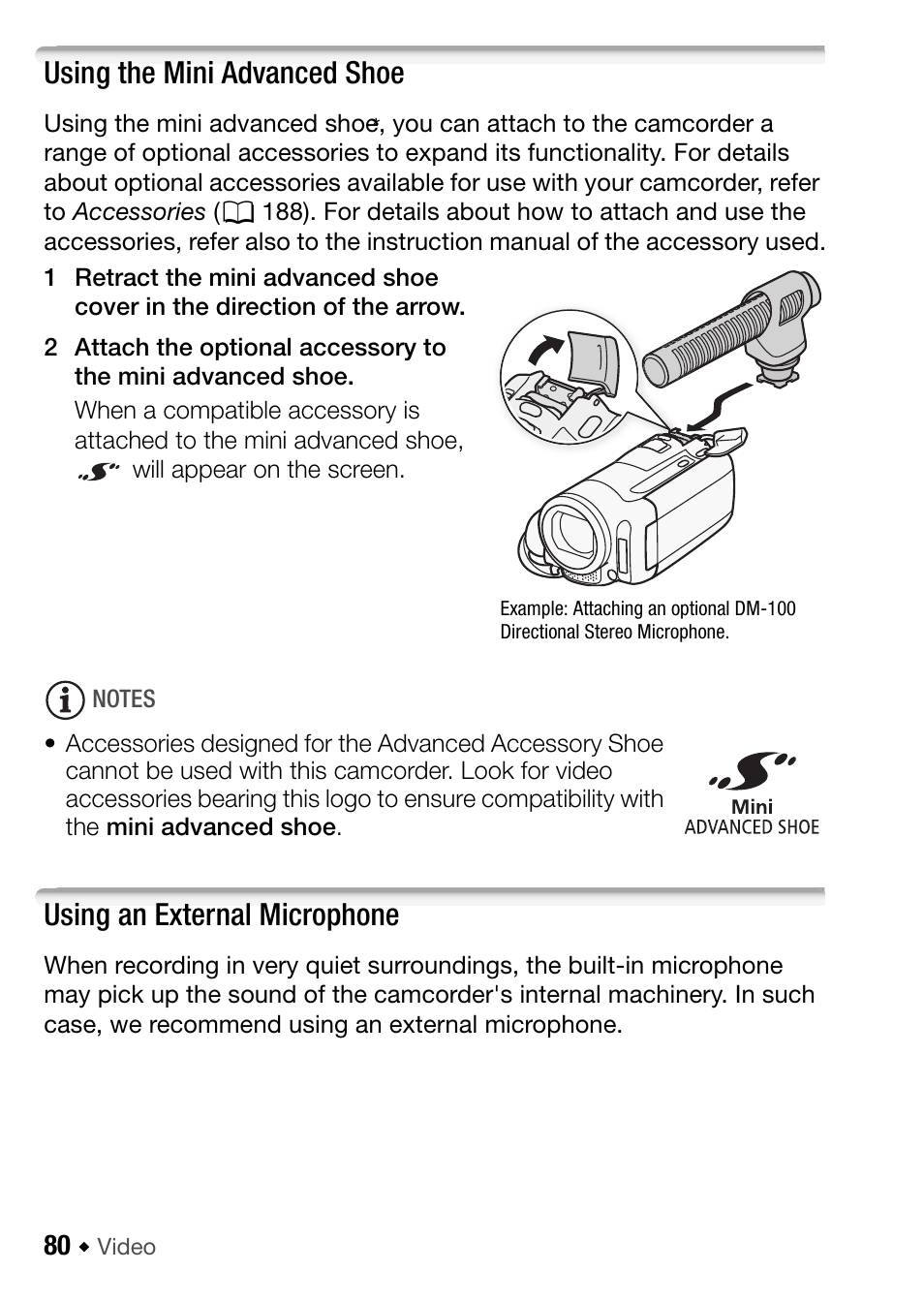 Using the mini advanced shoe, Using an external microphone | Canon HF M31 User Manual | Page 80 / 201