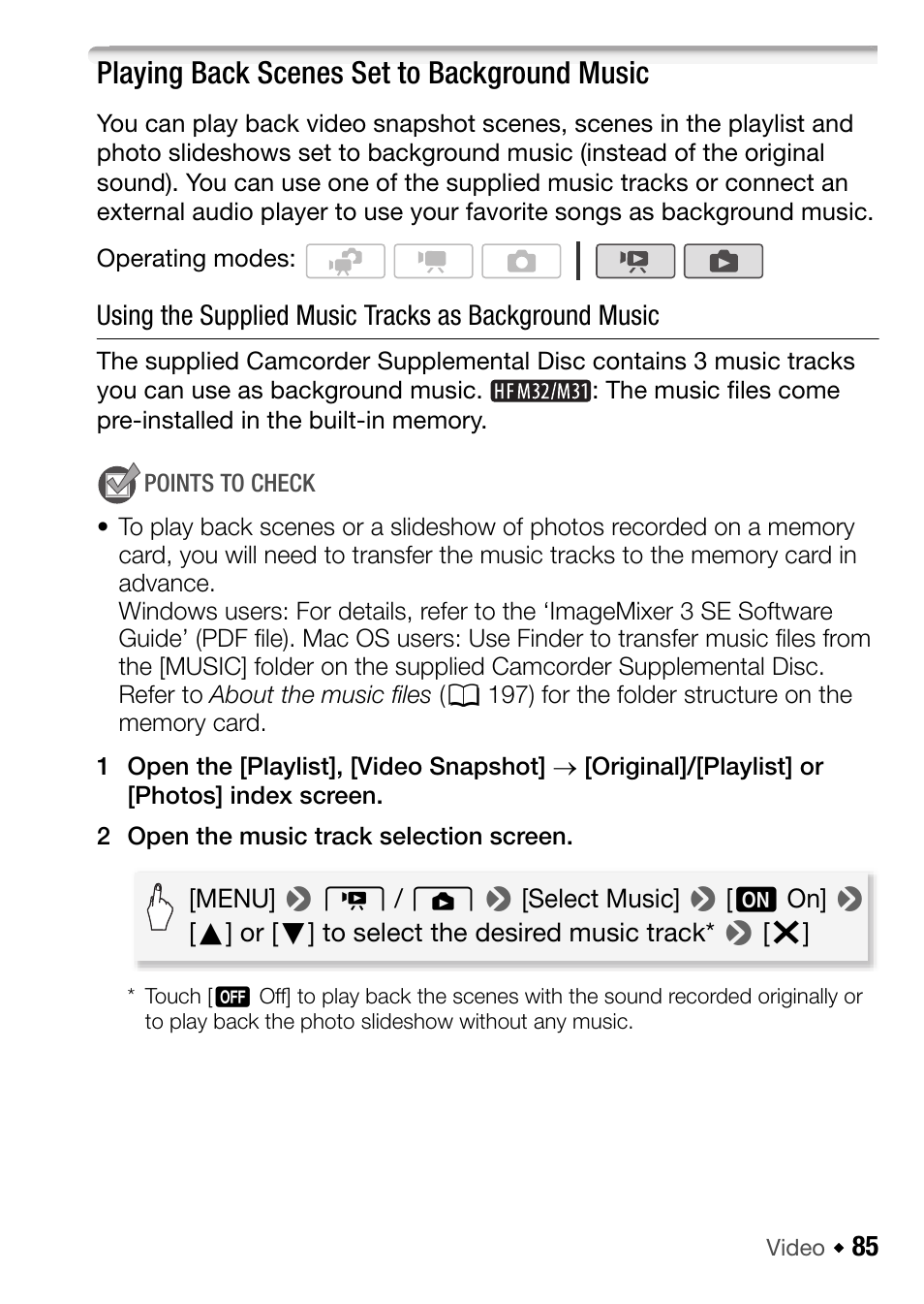 Playing back scenes set to background music | Canon HF M31 User Manual | Page 85 / 201