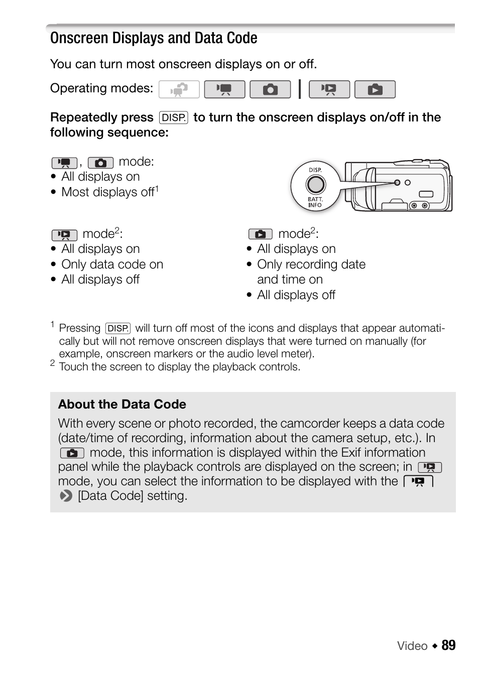 Onscreen displays and data code | Canon HF M31 User Manual | Page 89 / 201