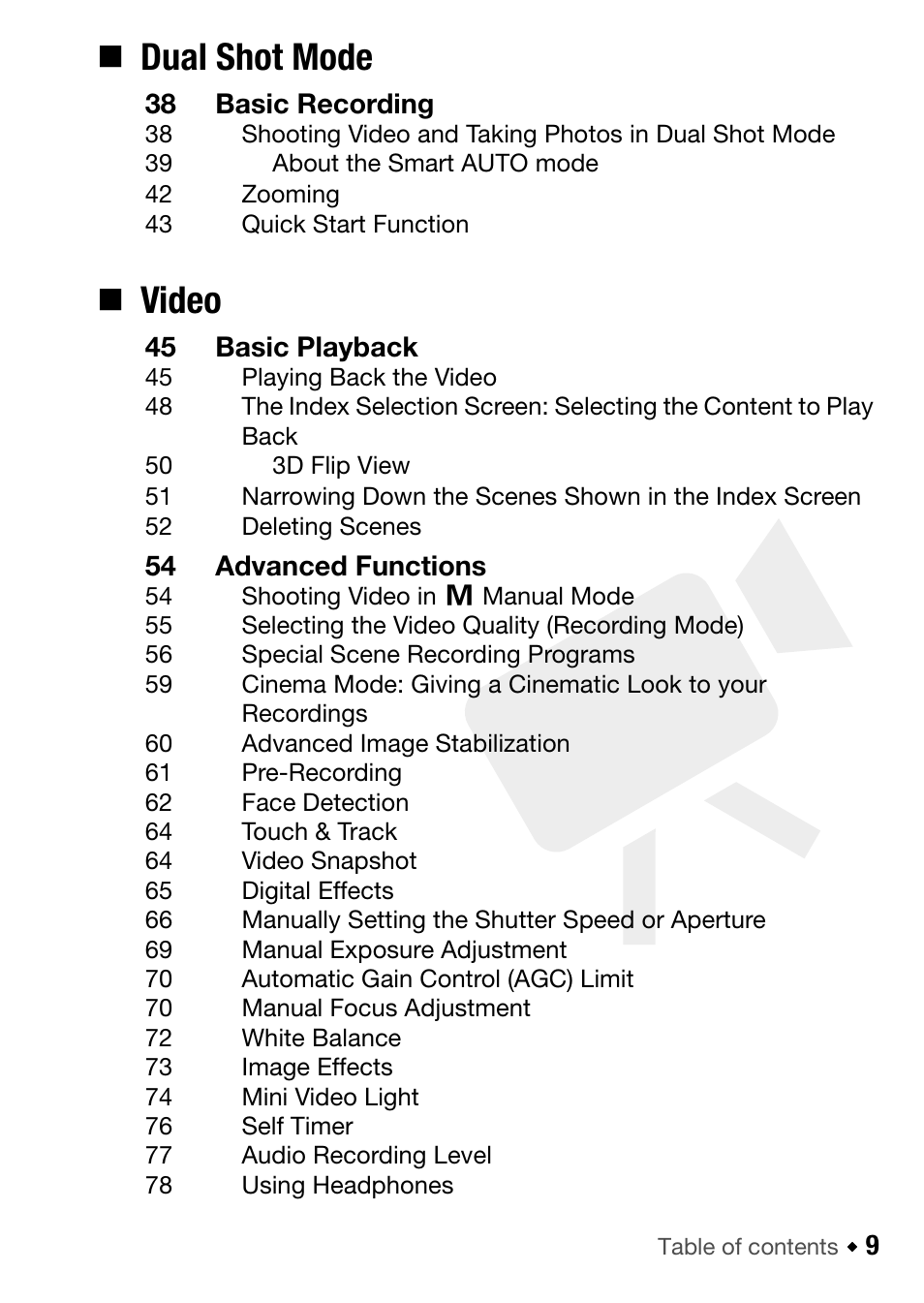 Dual shot mode, Video | Canon HF M31 User Manual | Page 9 / 201