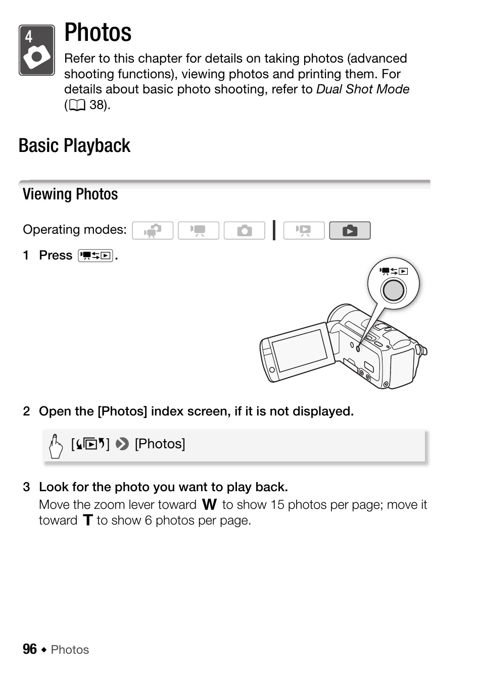 Photos, Basic playback, Viewing photos | Canon HF M31 User Manual | Page 96 / 201