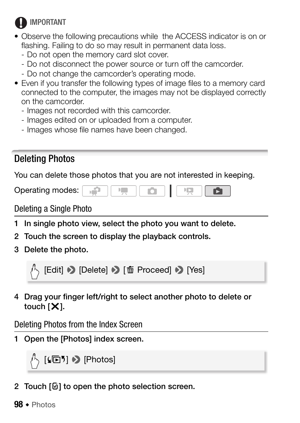 Deleting photos | Canon HF M31 User Manual | Page 98 / 201