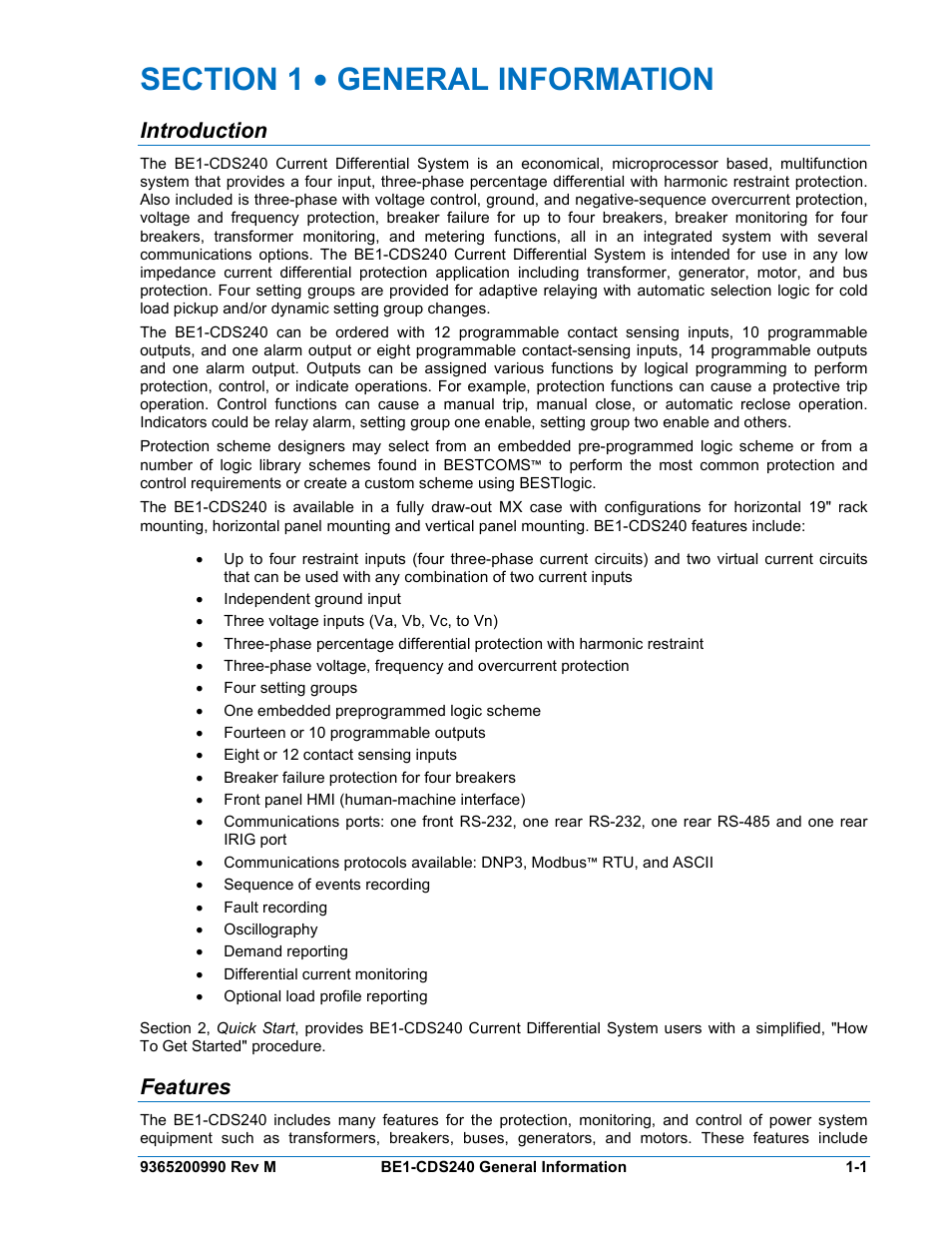 Section 1 • general information, Introduction, Features | Section 1 • general information -1, Introduction -1, Features -1 | Basler Electric BE1-CDS240 General Information User Manual | Page 3 / 28