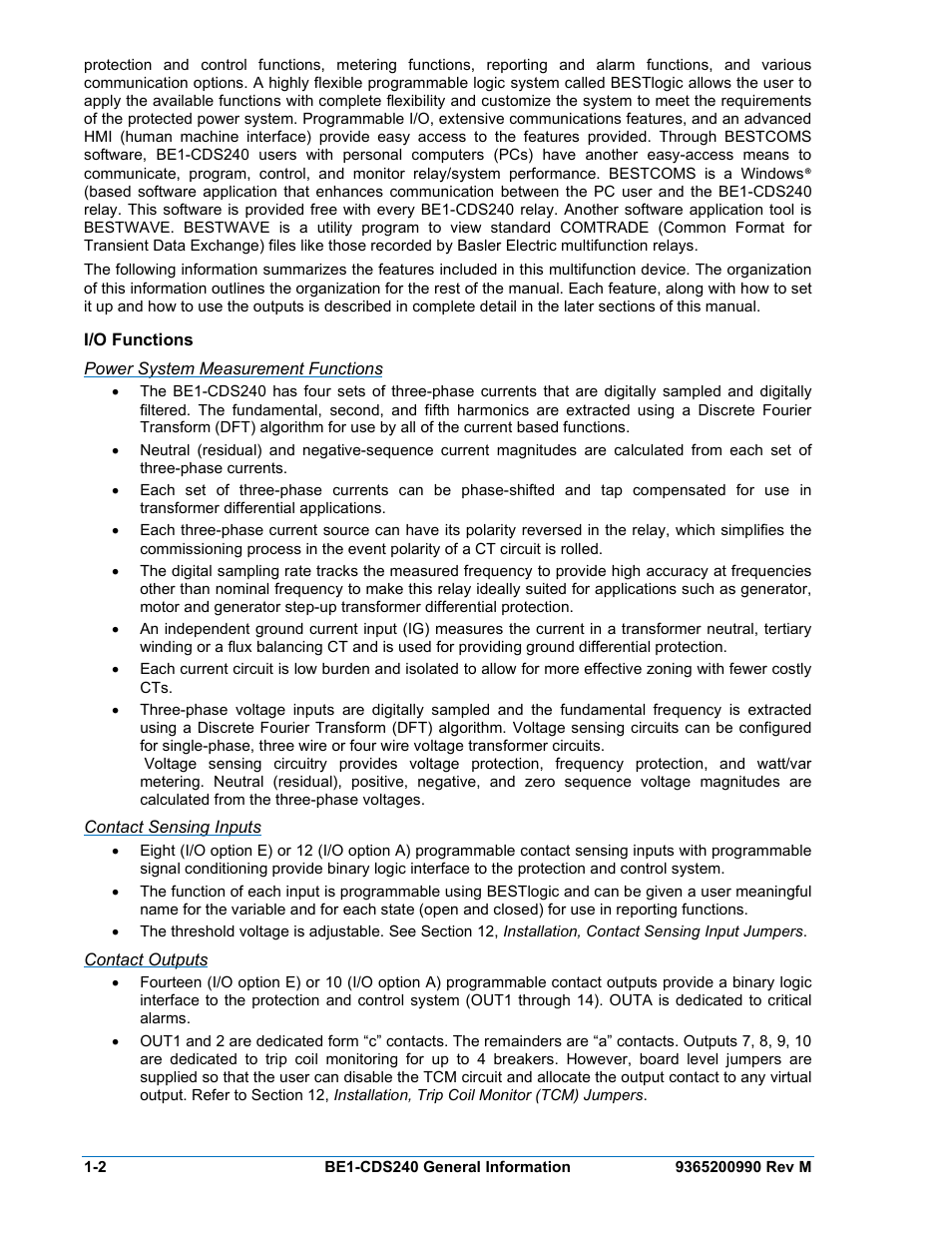 I/o functions, Power system measurement functions, Contact sensing inputs | Contact outputs, I/o functions -2 | Basler Electric BE1-CDS240 General Information User Manual | Page 4 / 28