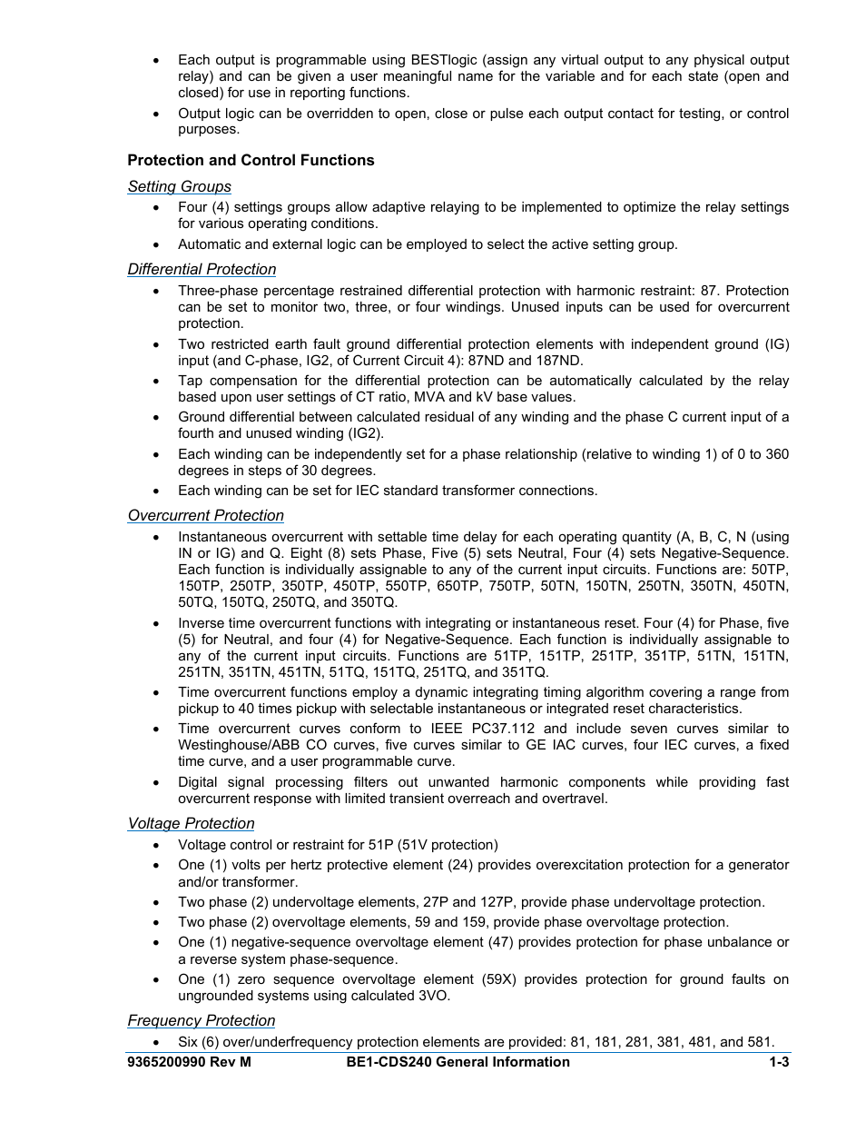 Protection and control functions, Setting groups, Differential protection | Overcurrent protection, Voltage protection, Frequency protection, Protection and control functions -3 | Basler Electric BE1-CDS240 General Information User Manual | Page 5 / 28