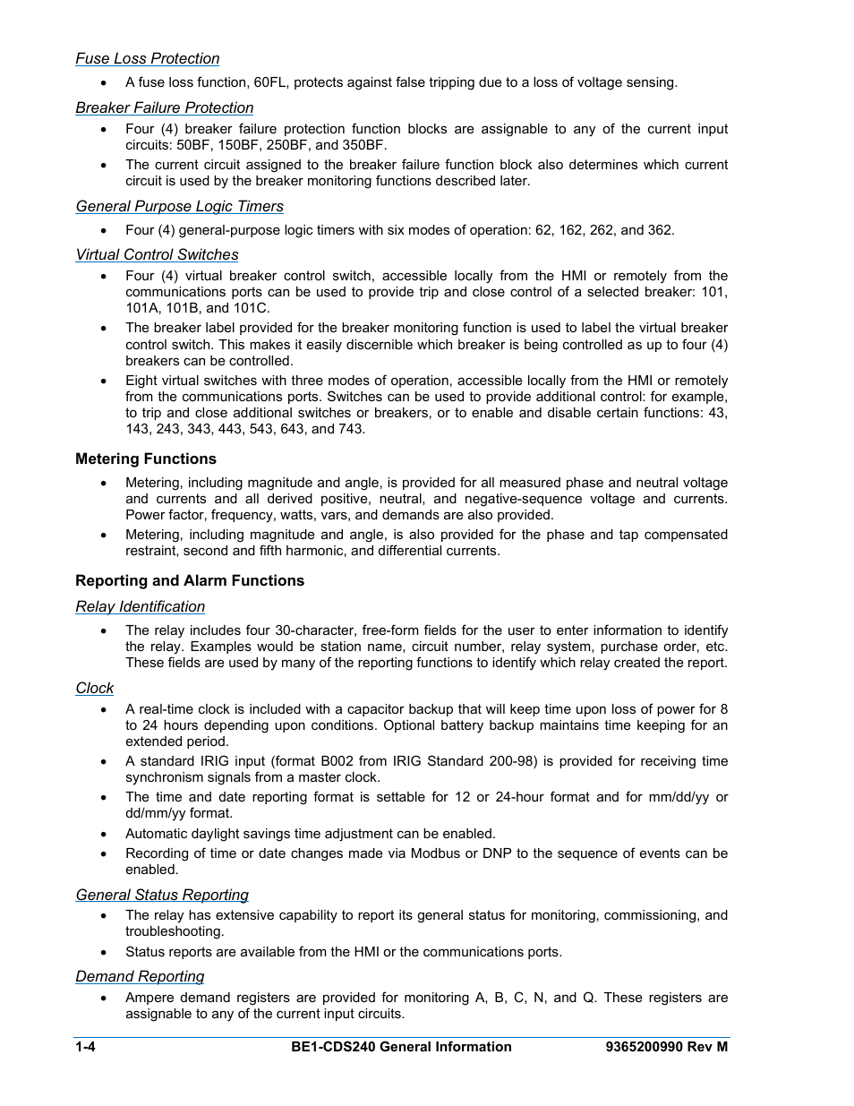 Fuse loss protection, Breaker failure protection, General purpose logic timers | Virtual control switches, Metering functions, Reporting and alarm functions, Relay identification, Clock, General status reporting, Demand reporting | Basler Electric BE1-CDS240 General Information User Manual | Page 6 / 28