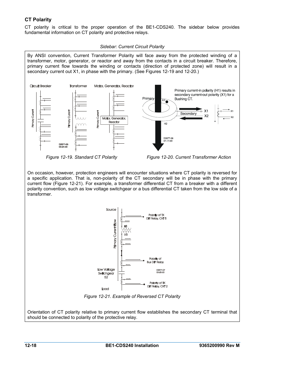 Ct polarity, Ct polarity -18, Figure 12-19. standard ct polarity -18 | Figure 12-20. current transformer action -18, Figure 12-21. example of reversed ct polarity -18 | Basler Electric BE1-CDS240 Installation User Manual | Page 20 / 30