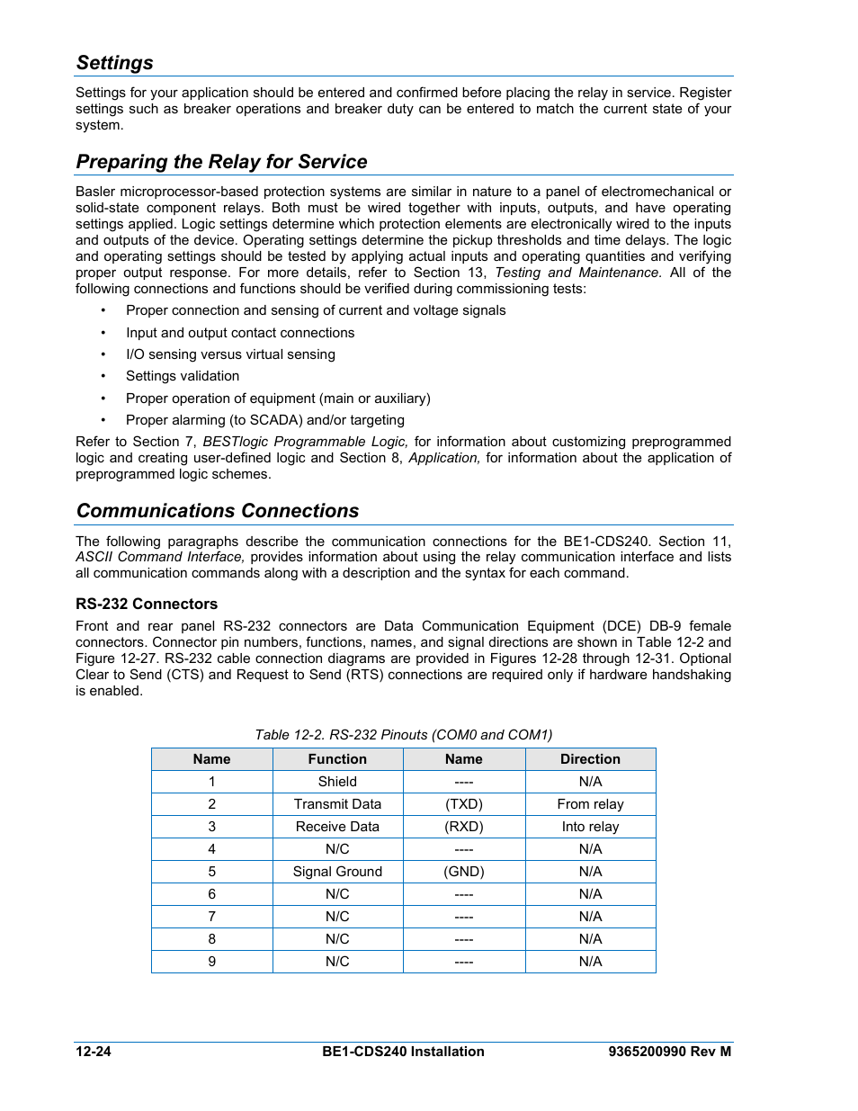 Settings, Preparing the relay for service, Communications connections | Rs-232 connectors, Settings -24, Preparing the relay for service -24, Communications connections -24, Rs-232 connectors -24, Table 12-2. rs-232 pinouts (com0 and com1) -24 | Basler Electric BE1-CDS240 Installation User Manual | Page 26 / 30