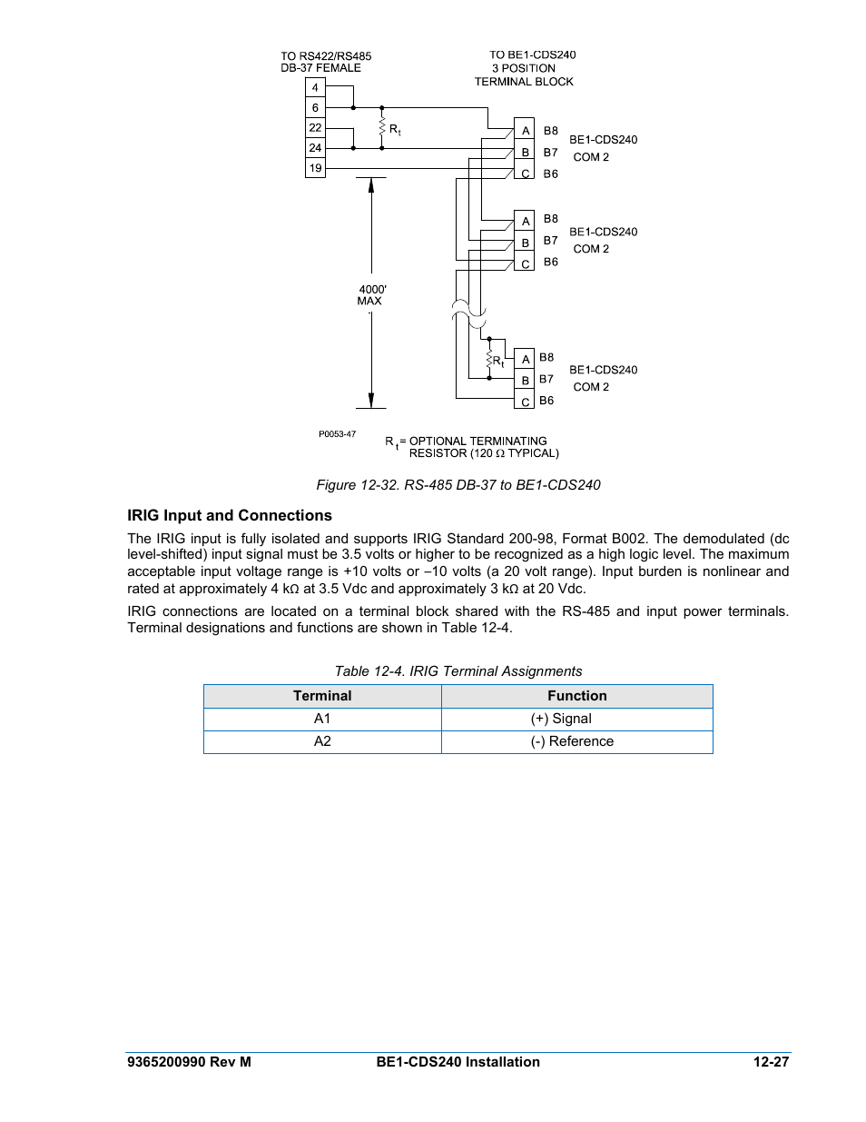 Irig input and connections, Irig input and connections -27, Figure 12-32. rs-485 db-37 to be1-cds240 -27 | Table 12-4. irig terminal assignments -27 | Basler Electric BE1-CDS240 Installation User Manual | Page 29 / 30