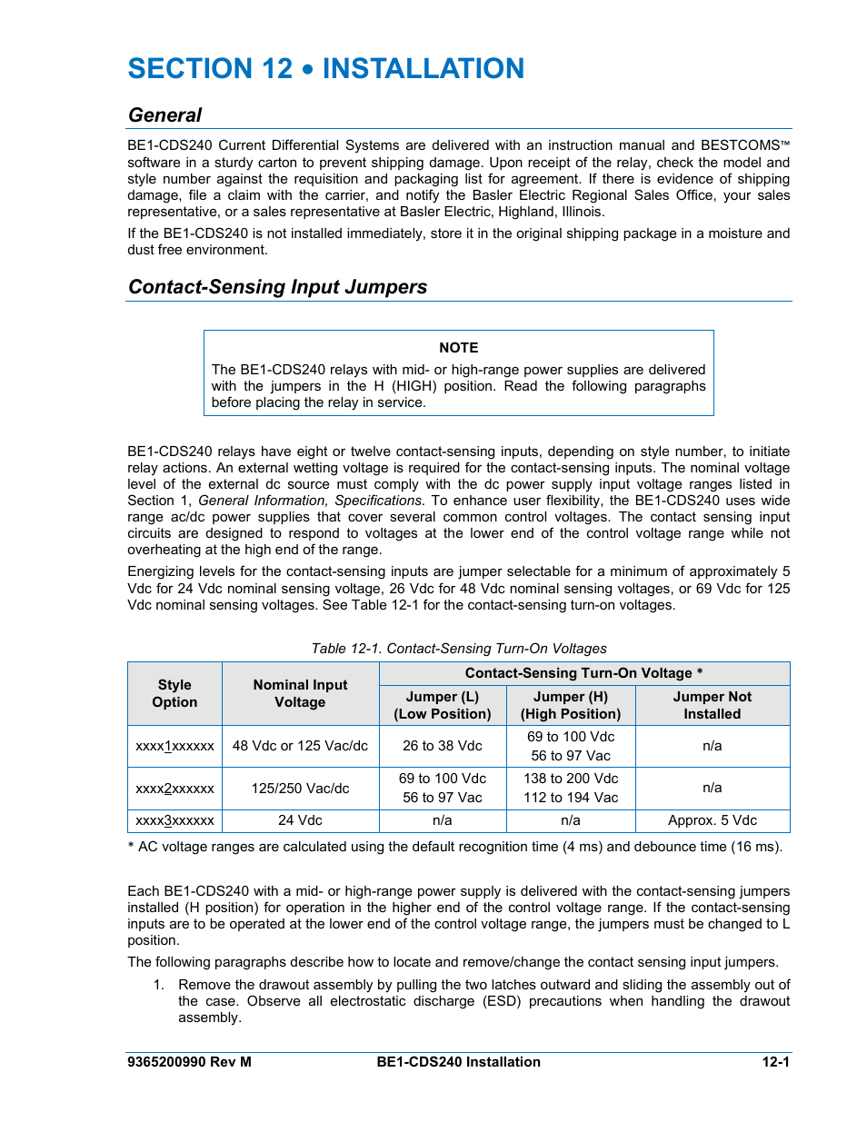 Section 12 • installation, General, Contact-sensing input jumpers | Section 12 • installation -1, General -1, Contact-sensing input jumpers -1, Table 12-1. contact-sensing turn-on voltages -1 | Basler Electric BE1-CDS240 Installation User Manual | Page 3 / 30