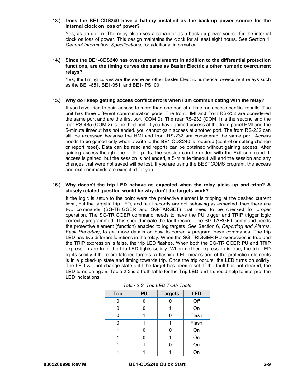 Table 2-2. trip led truth table -9 | Basler Electric BE1-CDS240 Quick Start User Manual | Page 11 / 12