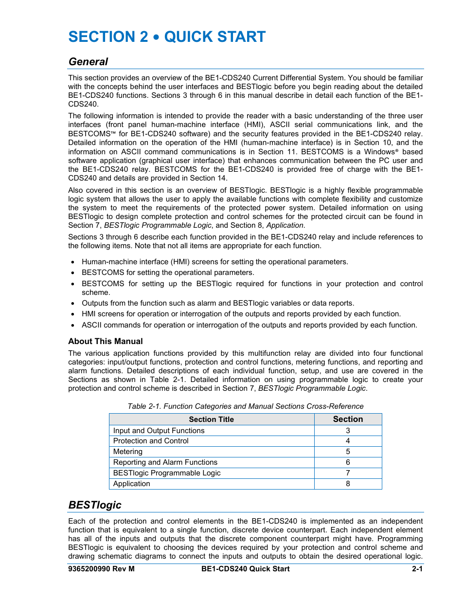 Section 2 • quick start, General, About this manual | Bestlogic, Section 2 • quick start -1, General -1, About this manual -1, Section -1, Bestlogic -1 | Basler Electric BE1-CDS240 Quick Start User Manual | Page 3 / 12