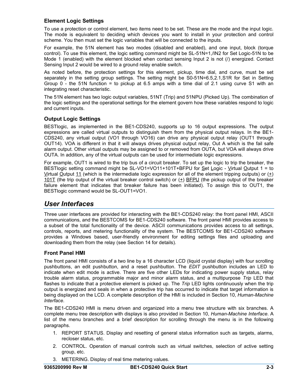 Element logic settings, Output logic settings, User interfaces | Front panel hmi, Element logic settings -3, Output logic settings -3, User interfaces -3, Front panel hmi -3 | Basler Electric BE1-CDS240 Quick Start User Manual | Page 5 / 12