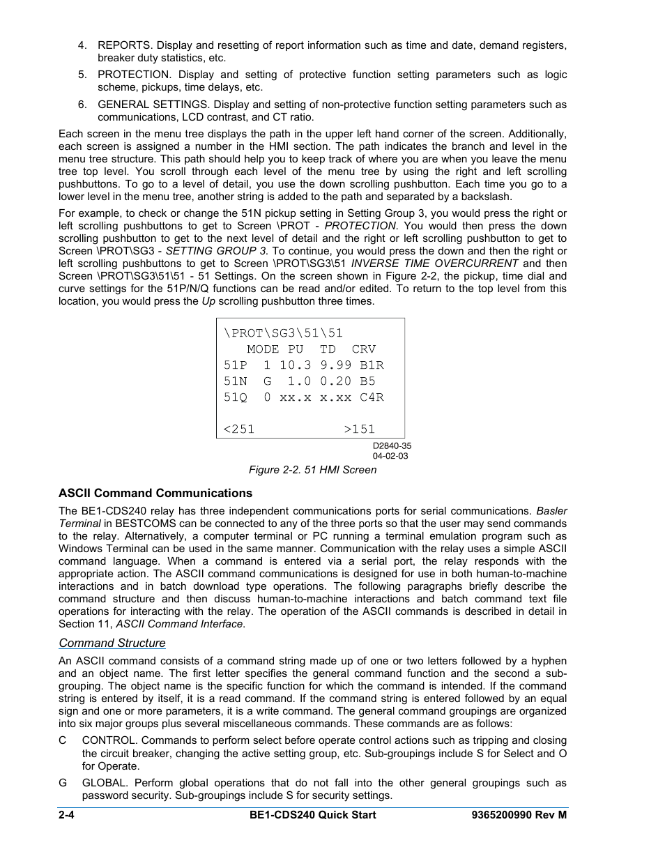Ascii command communications, Command structure, Ascii command communications -4 | Figure 2-2. 51 hmi screen -4 | Basler Electric BE1-CDS240 Quick Start User Manual | Page 6 / 12