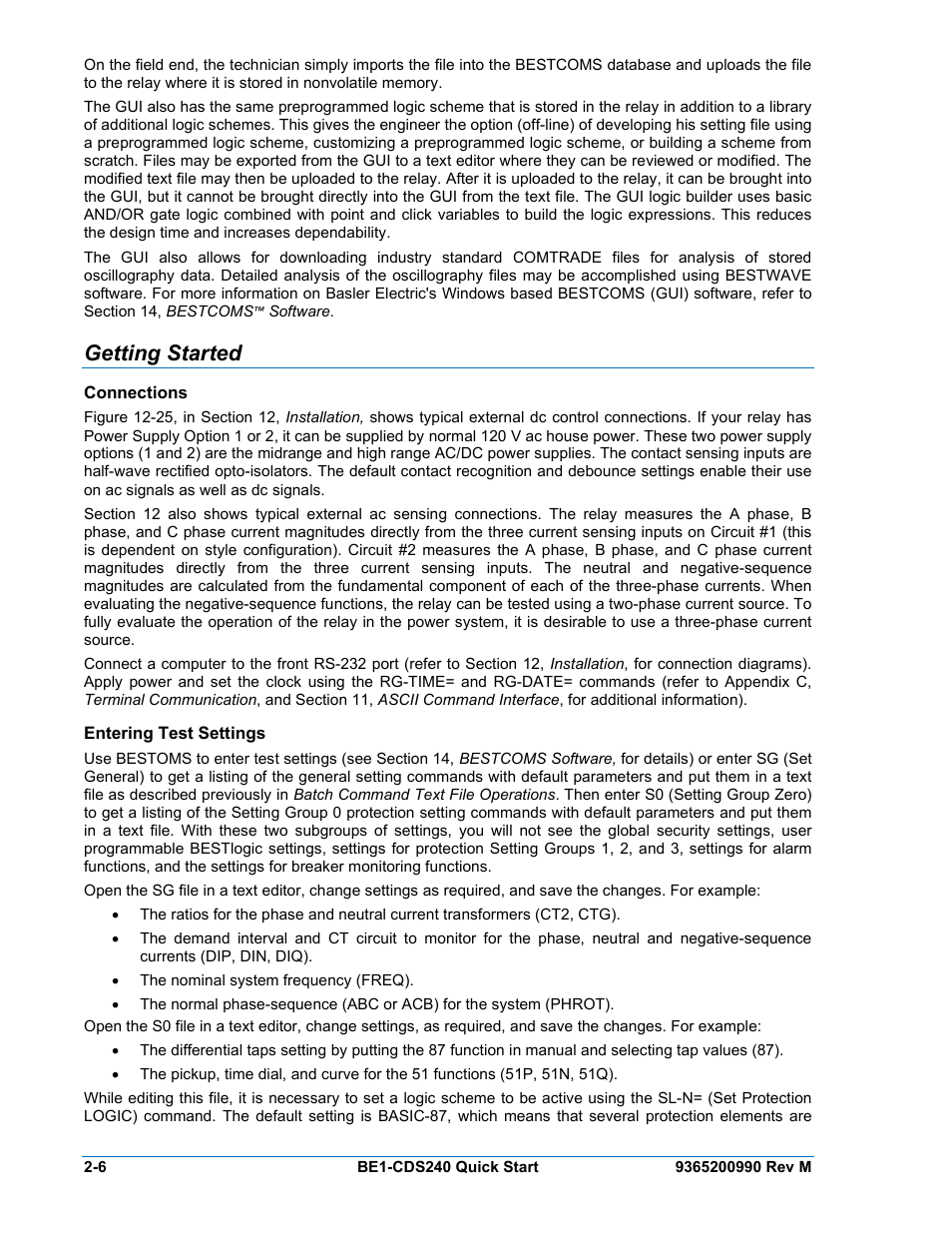 Getting started, Connections, Entering test settings | Getting started -6, Connections -6, Entering test settings -6 | Basler Electric BE1-CDS240 Quick Start User Manual | Page 8 / 12