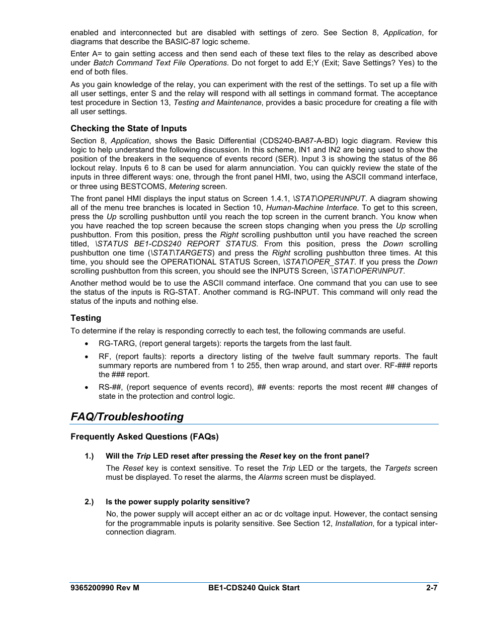 Checking the state of inputs, Testing, Faq/troubleshooting | Frequently asked questions (faqs), Checking the state of inputs -7, Testing -7, Faq/troubleshooting -7, Frequently asked questions (faqs) -7 | Basler Electric BE1-CDS240 Quick Start User Manual | Page 9 / 12