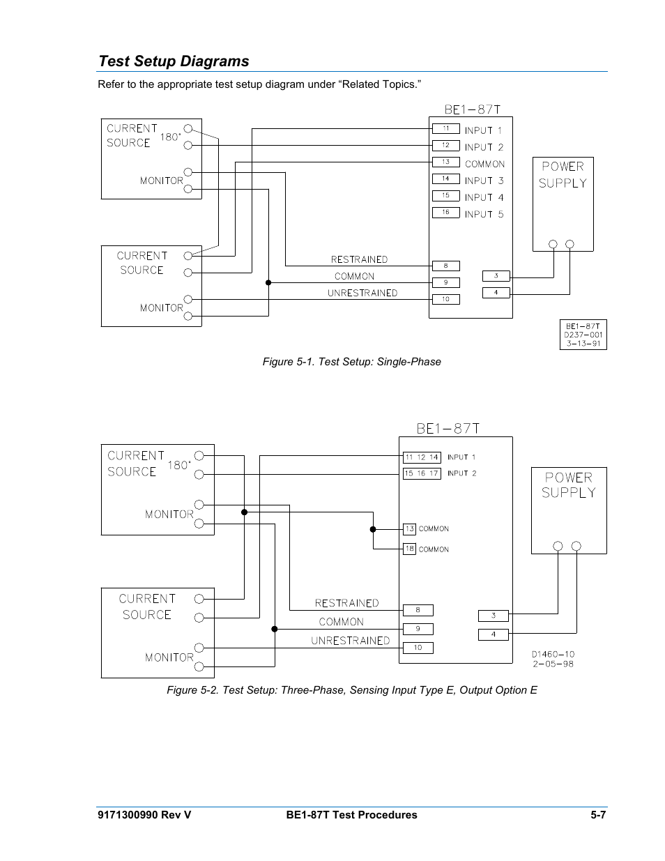 Test setup diagrams, Test setup diagrams -7, Figure 5-1. test setup: single-phase | Basler Electric BE1-87T User Manual | Page 103 / 140