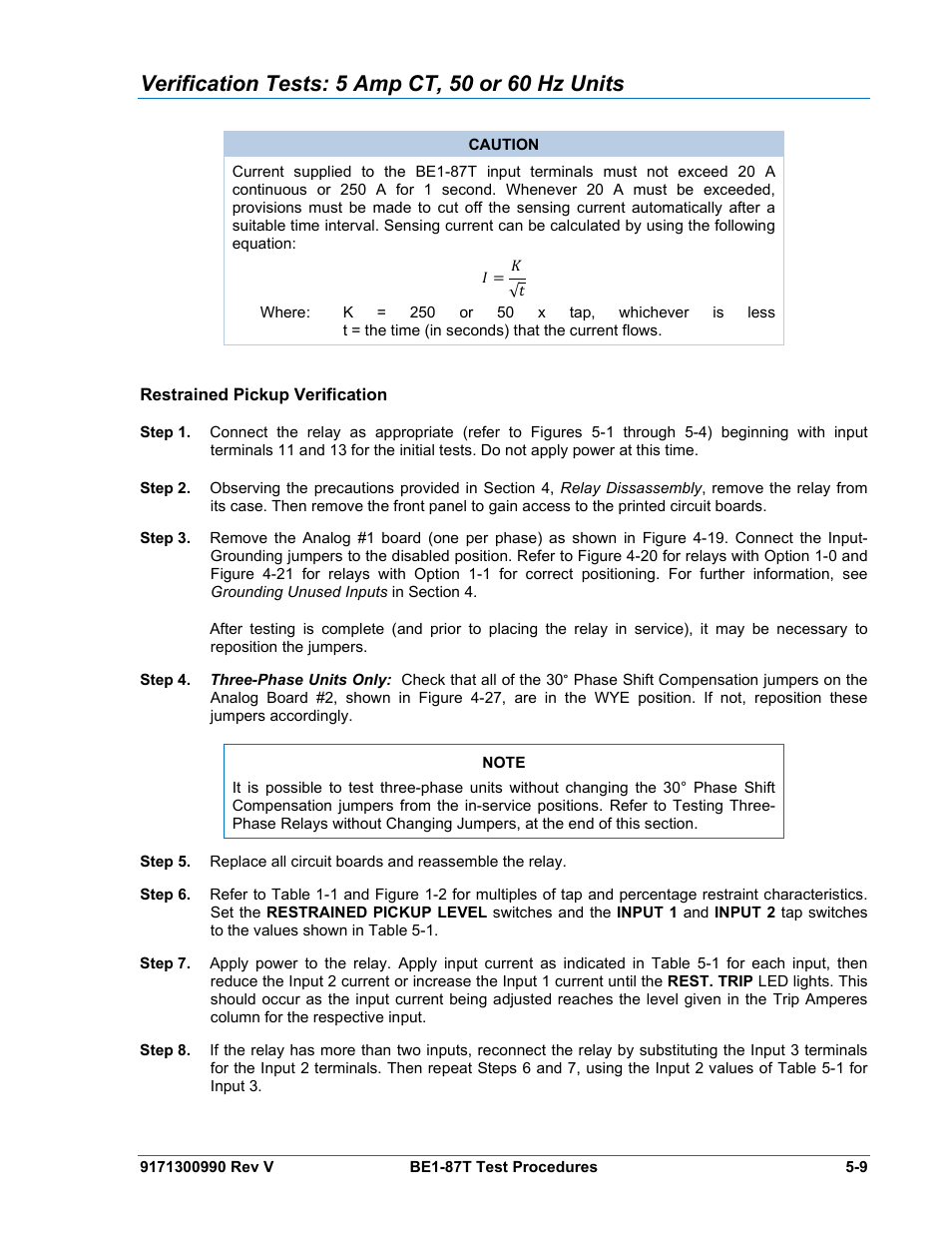 Verification tests: 5 amp ct, 50 or 60 hz units, Restrained pickup verification, Verification tests: 5 amp ct, 50 or 60 hz units -9 | Restrained pickup verification -9 | Basler Electric BE1-87T User Manual | Page 105 / 140