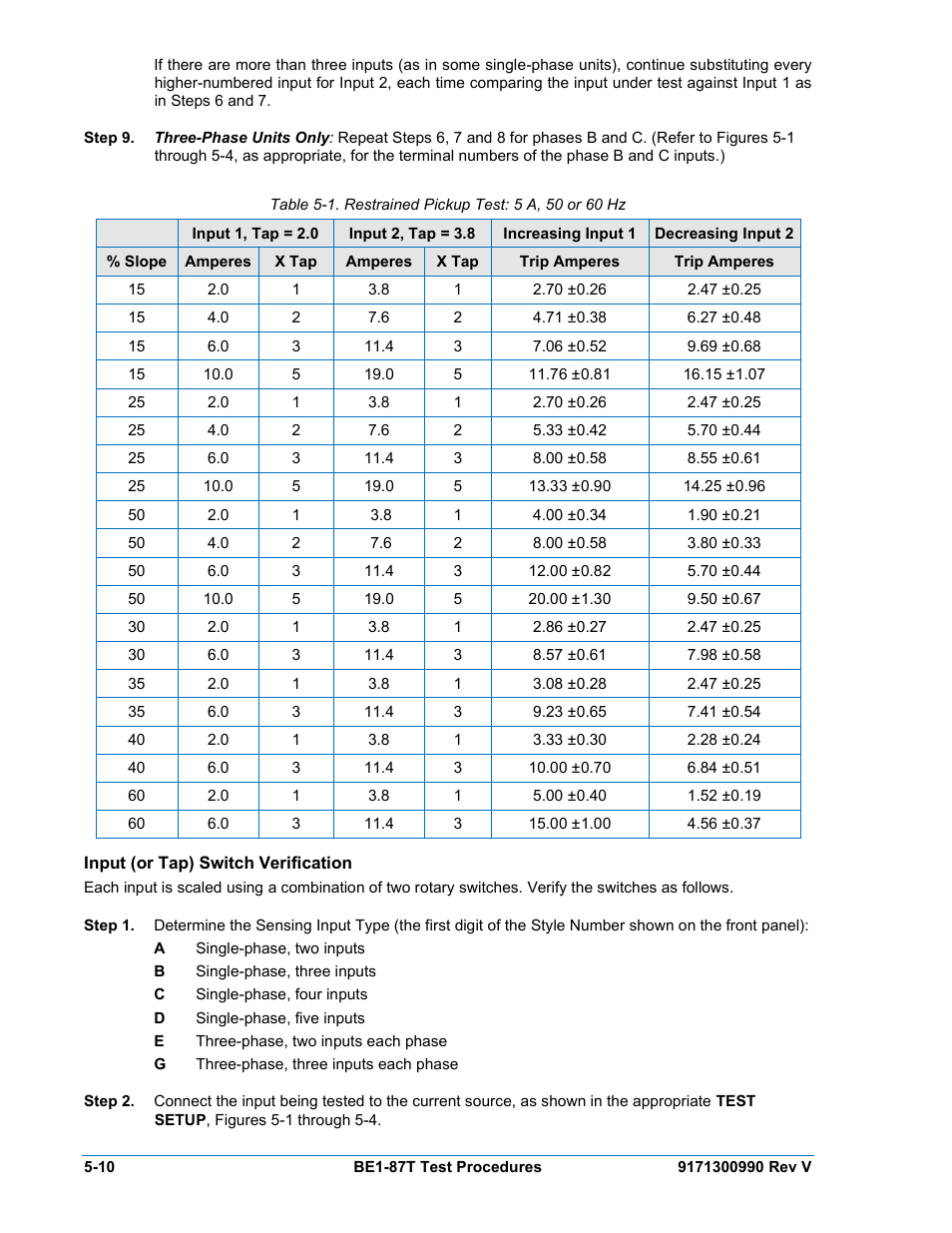 Input (or tap) switch verification, Input (or tap) switch verification -10 | Basler Electric BE1-87T User Manual | Page 106 / 140