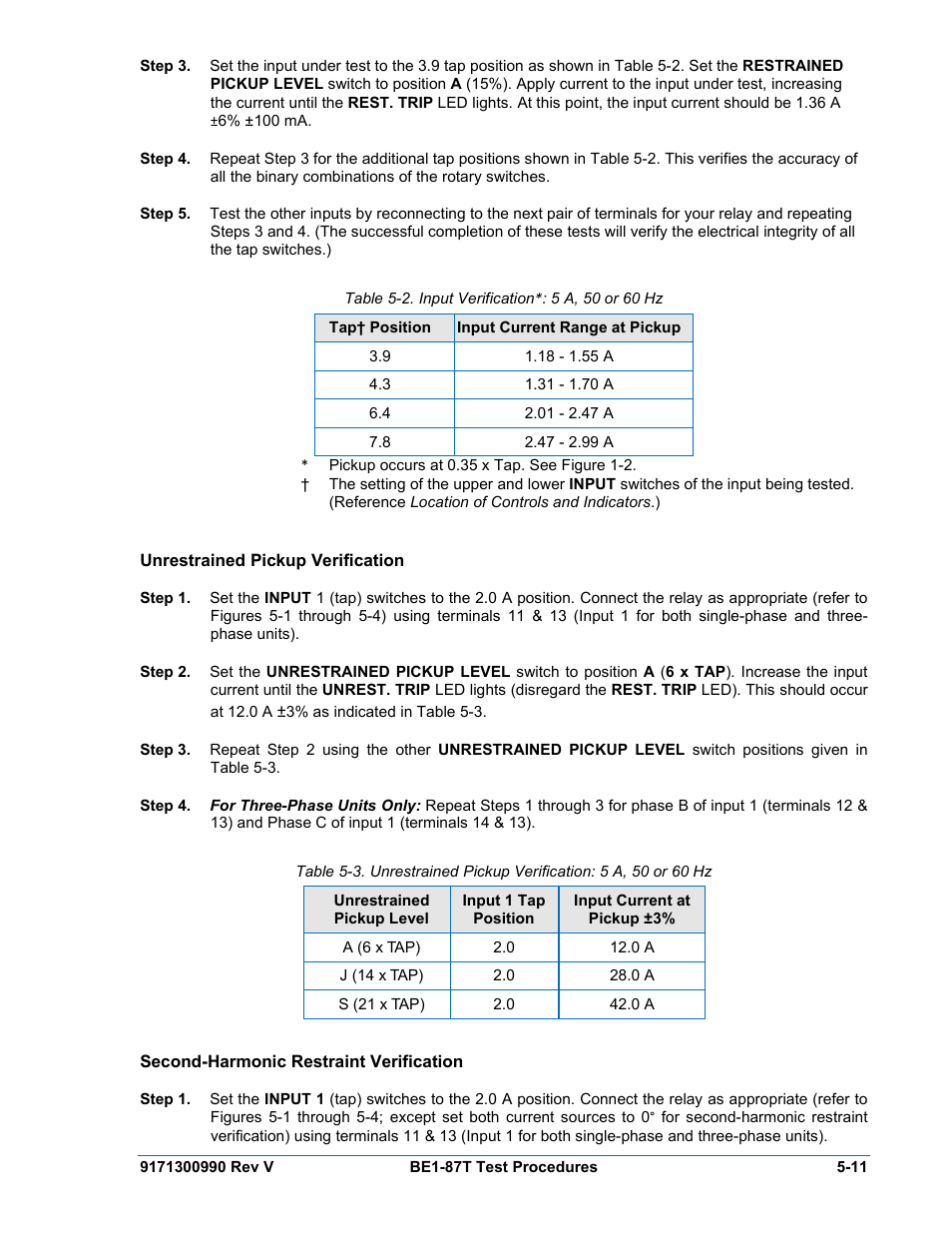 Unrestrained pickup verification, Second-harmonic restraint verification, Unrestrained pickup verification -11 | Second-harmonic restraint verification -11, Table 5-2. input verification*: 5 a, 50 or 60 hz | Basler Electric BE1-87T User Manual | Page 107 / 140