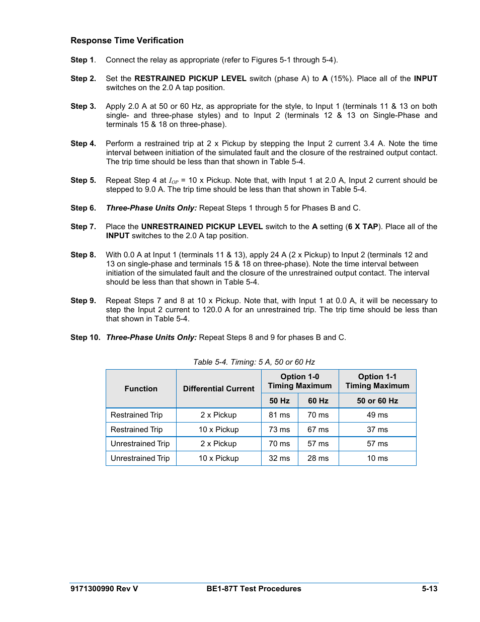 Response time verification, Response time verification -13, Table 5-4. timing: 5 a, 50 or 60 hz | Basler Electric BE1-87T User Manual | Page 109 / 140