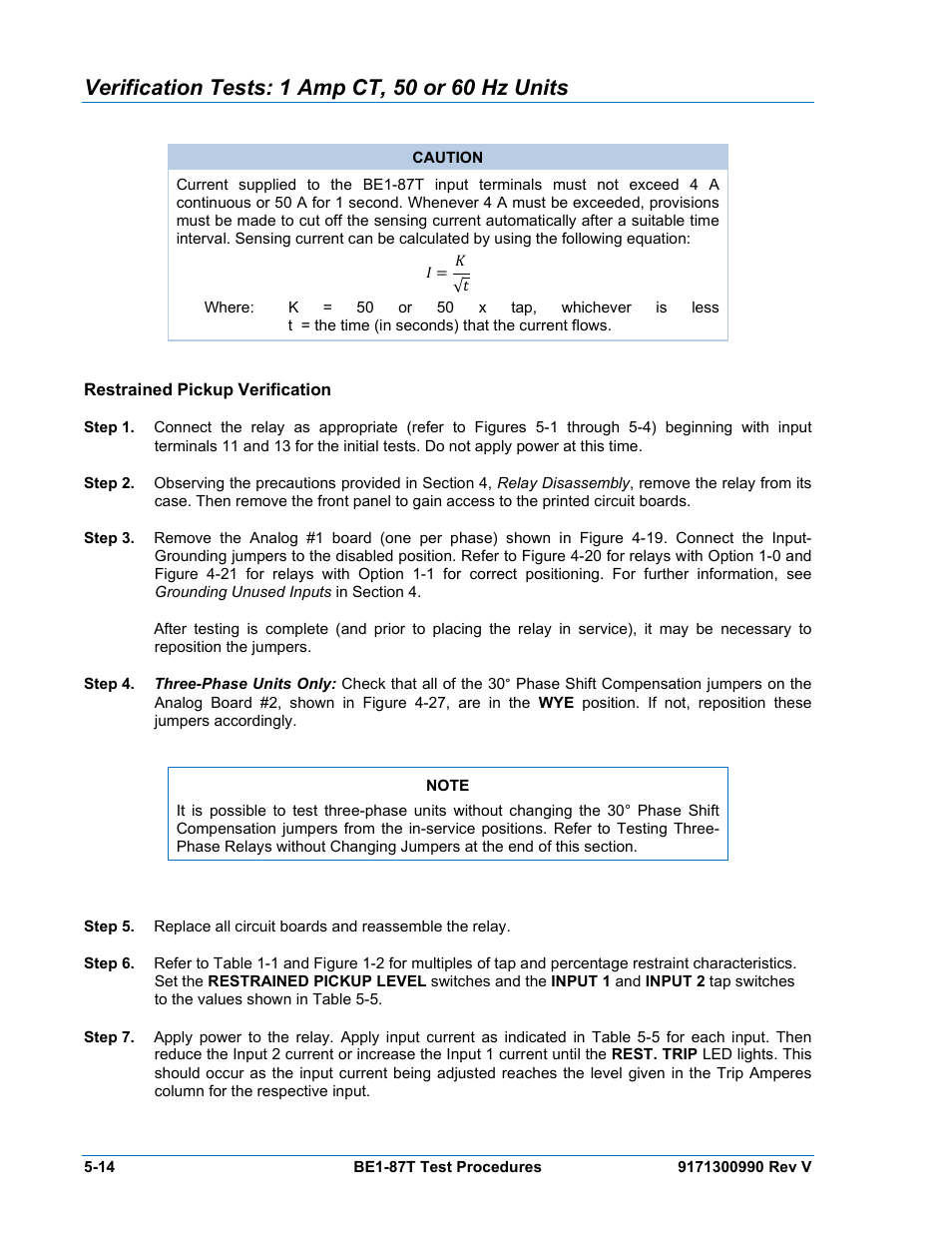 Verification tests: 1 amp ct, 50 or 60 hz units, Restrained pickup verification, Restrained pickup verification -14 | Basler Electric BE1-87T User Manual | Page 110 / 140