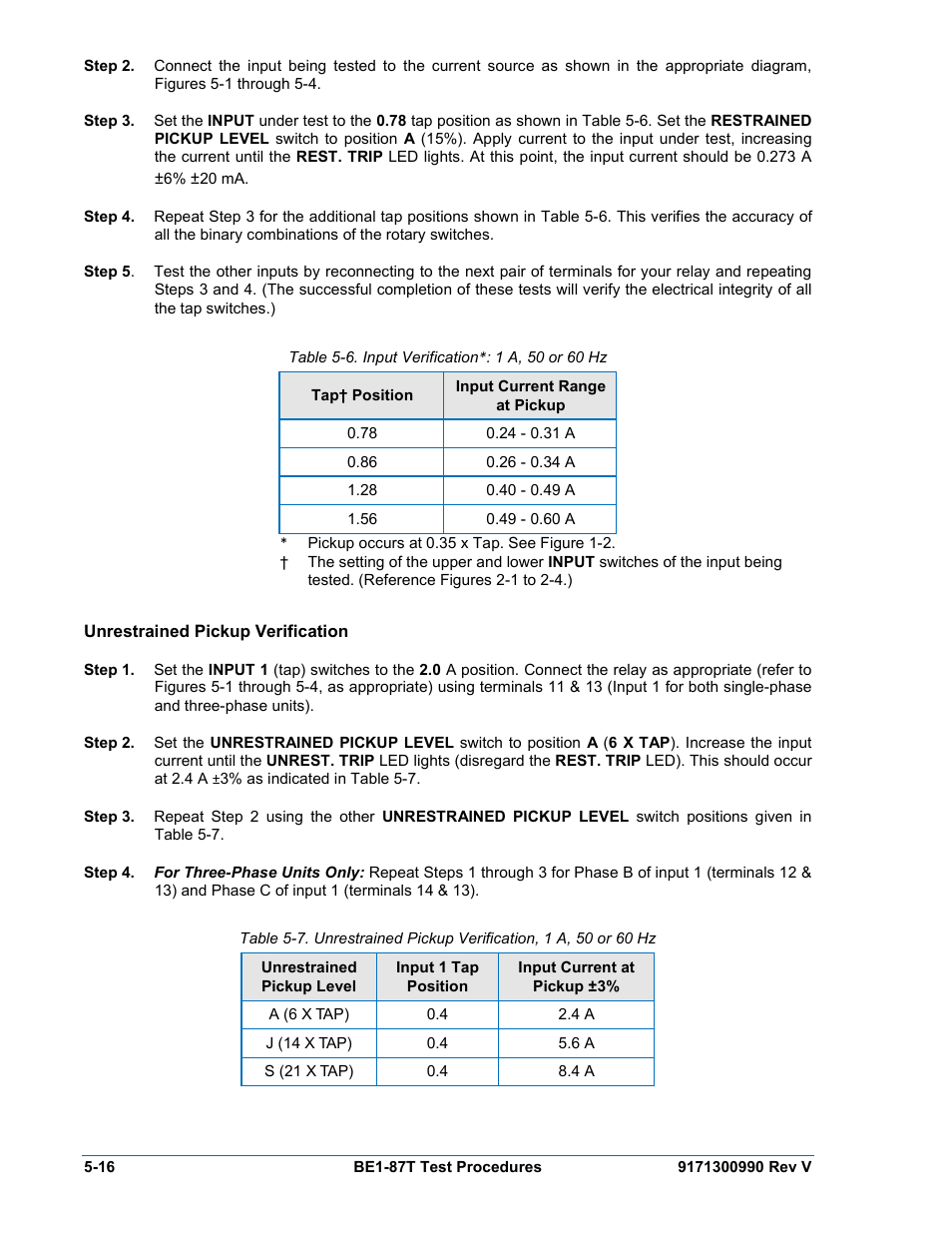 Unrestrained pickup verification, Unrestrained pickup verification -16, Table 5-6. input verification*: 1 a, 50 or 60 hz | Basler Electric BE1-87T User Manual | Page 112 / 140