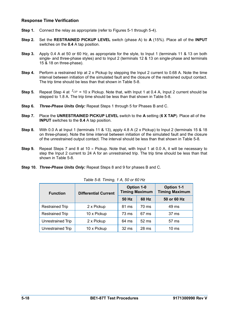 Response time verification, Response time verification -18, Table 5-8. timing, 1 a, 50 or 60 hz | Basler Electric BE1-87T User Manual | Page 114 / 140