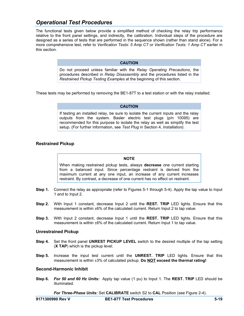 Operational test procedures, Restrained pickup, Unrestrained pickup | Second-harmonic inhibit, Operational test procedures -19, Restrained pickup -19, Unrestrained pickup -19, Second-harmonic inhibit -19 | Basler Electric BE1-87T User Manual | Page 115 / 140