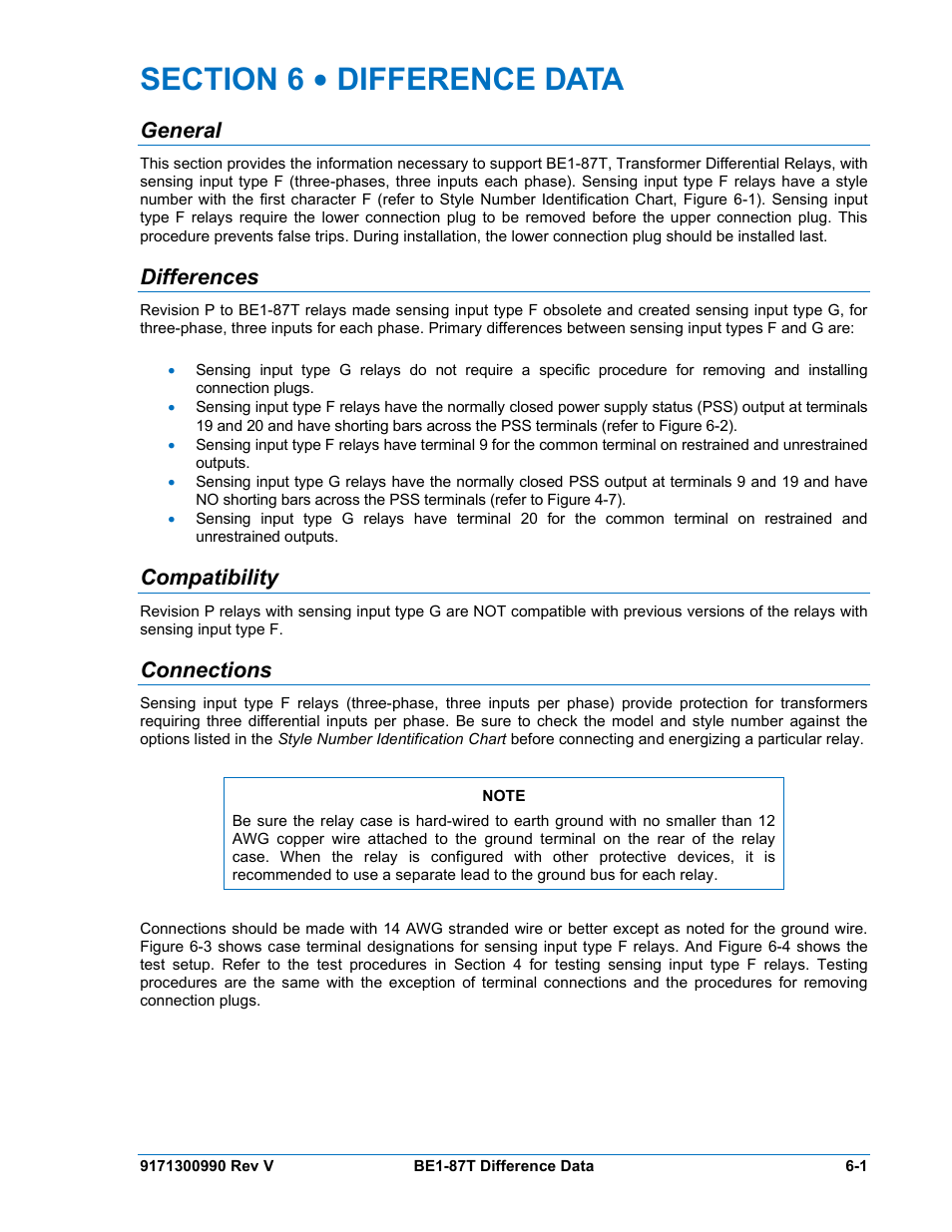 General, Differences, Compatibility | Connections, Section 6 • difference data -1, General -1, Differences -1, Compatibility -1, Connections -1 | Basler Electric BE1-87T User Manual | Page 123 / 140