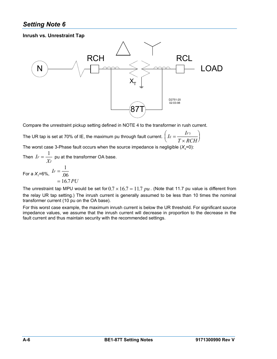 Setting note 6, Inrush vs. unrestraint tap, Nload 87t | Rcl rch | Basler Electric BE1-87T User Manual | Page 134 / 140