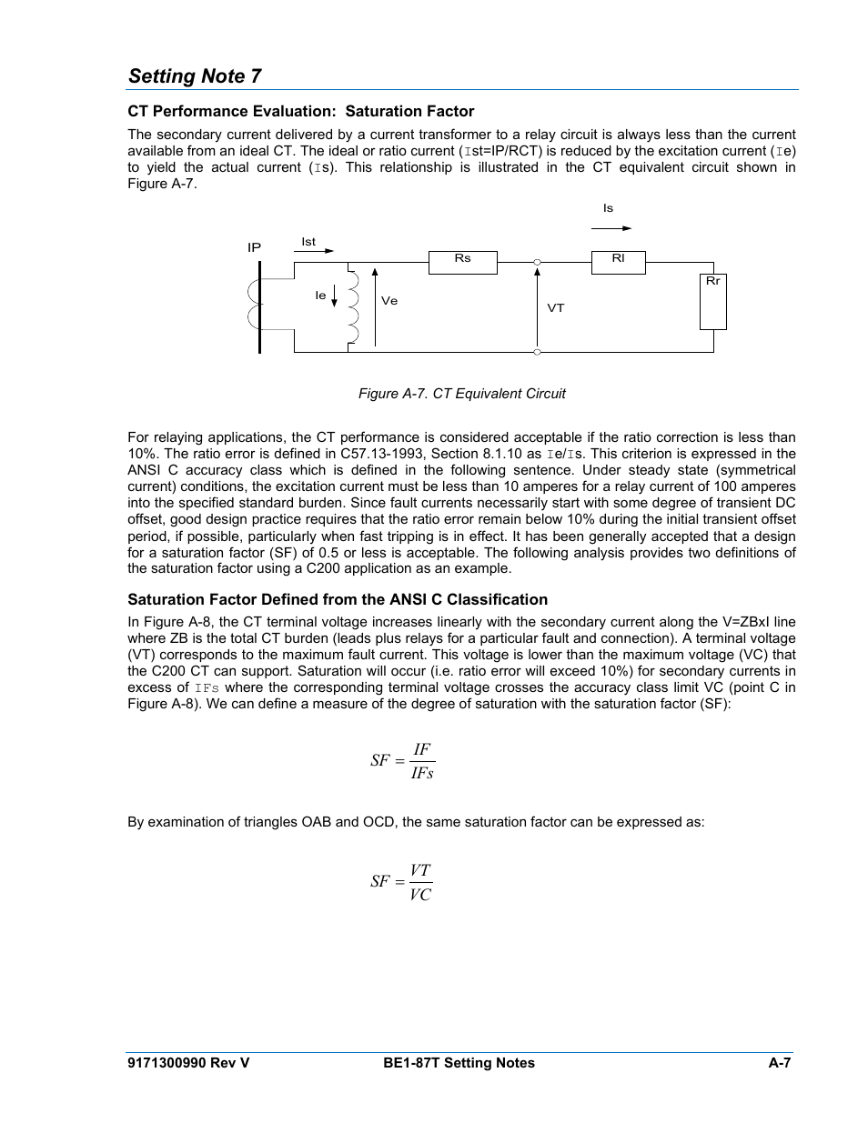 Setting note 7, Ct performance evaluation: saturation factor | Basler Electric BE1-87T User Manual | Page 135 / 140