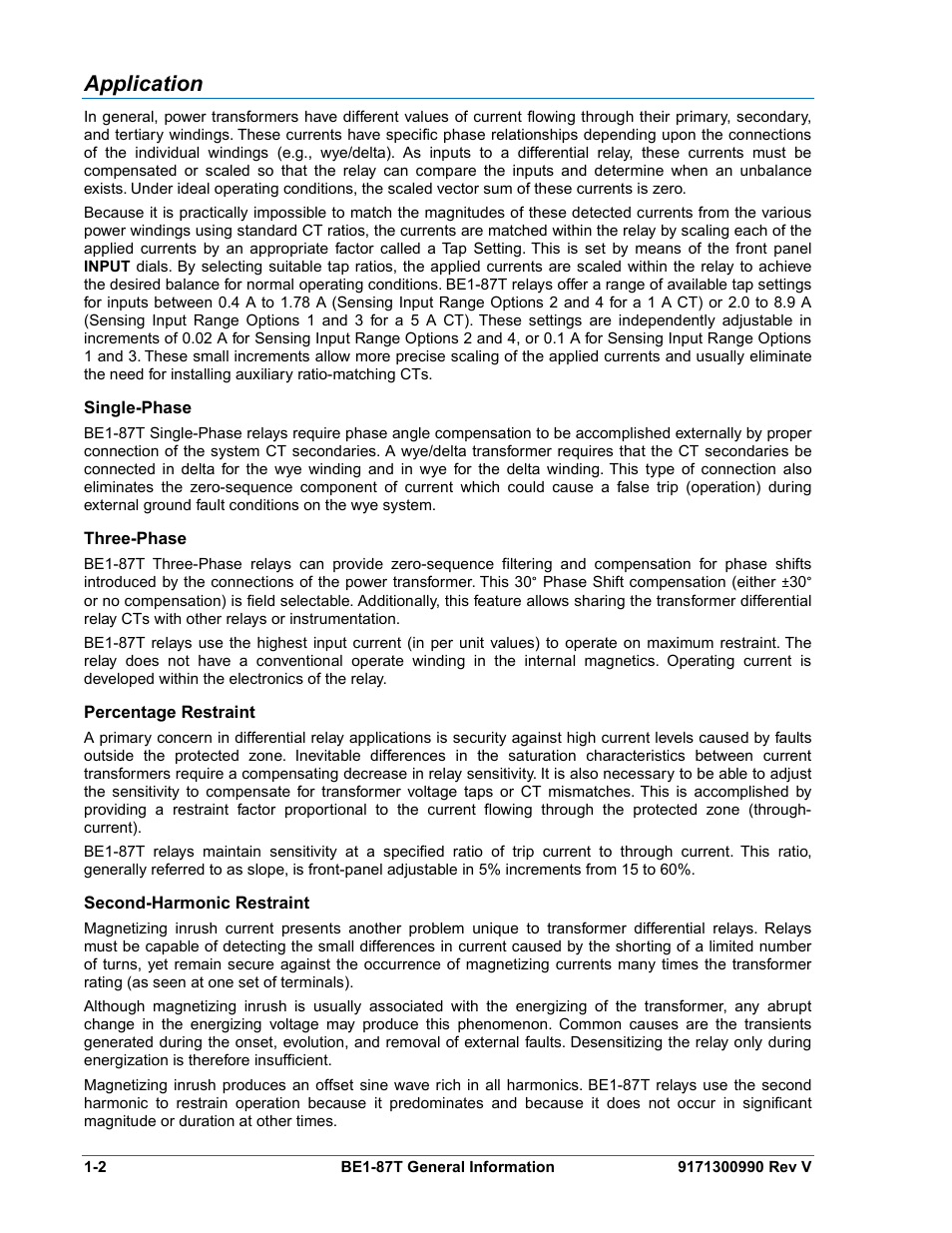 Application, Single-phase, Three-phase | Percentage restraint, Second-harmonic restraint, Application -2, Single-phase -2, Three-phase -2, Percentage restraint -2, Second-harmonic restraint -2 | Basler Electric BE1-87T User Manual | Page 14 / 140