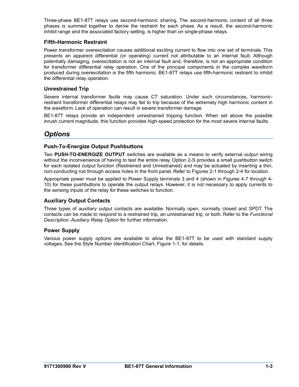 Fifth-harmonic restraint, Unrestrained trip, Options | Push-to-energize output pushbuttons, Auxiliary output contacts, Power supply, Fifth-harmonic restraint -3, Unrestrained trip -3, Options -3, Push-to-energize output pushbuttons -3 | Basler Electric BE1-87T User Manual | Page 15 / 140