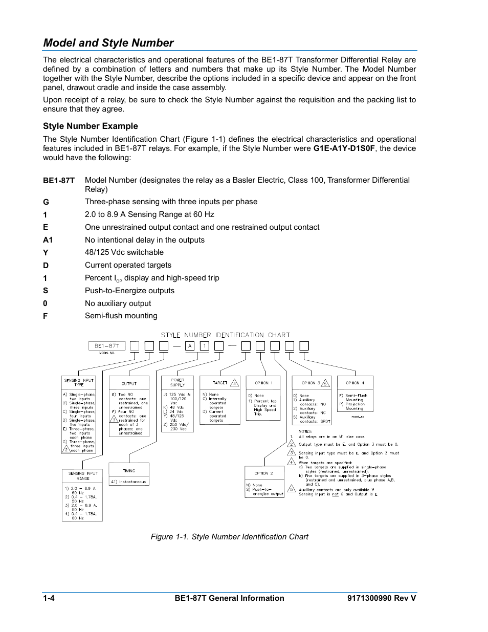 Model and style number, Style number example, Model and style number -4 | Style number example -4, Figure 1-1. style number identification chart | Basler Electric BE1-87T User Manual | Page 16 / 140