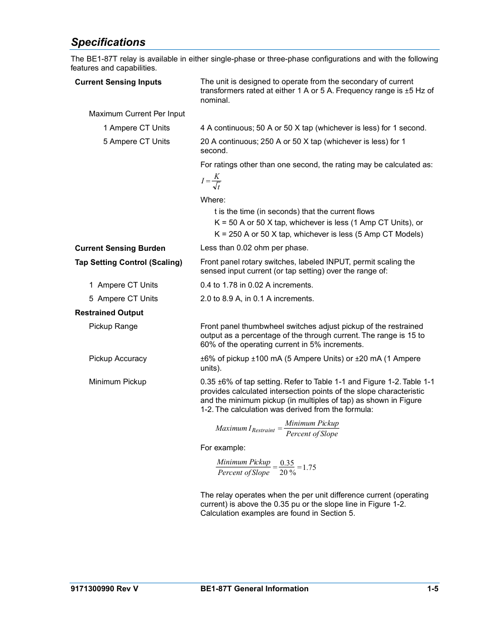 Specifications, Specifications -5 | Basler Electric BE1-87T User Manual | Page 17 / 140