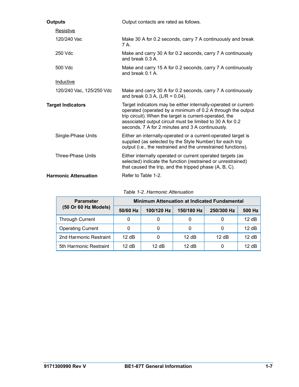 Table 1-2. harmonic attenuation | Basler Electric BE1-87T User Manual | Page 19 / 140