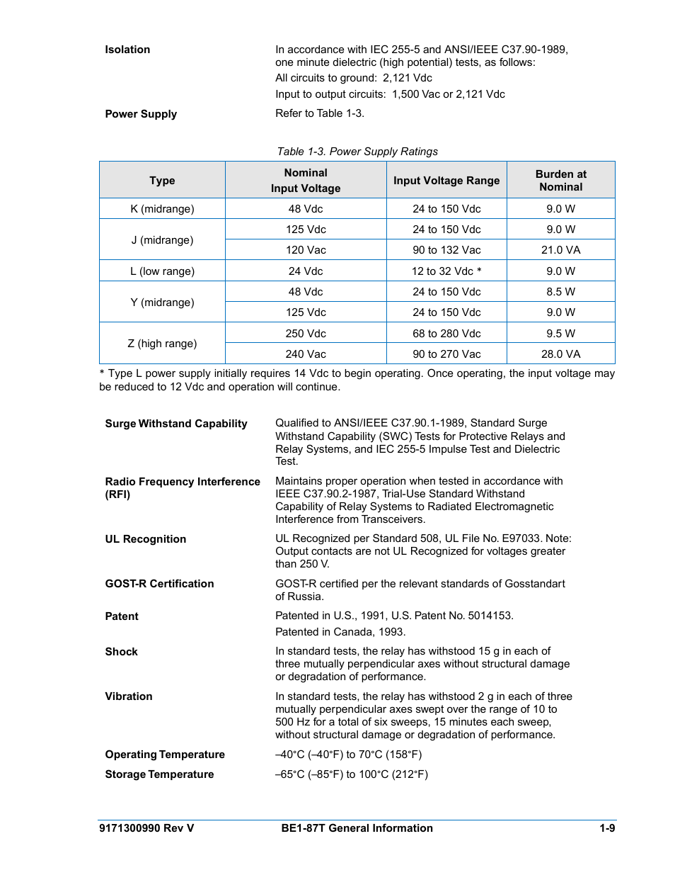 Table 1-3. power supply specifications | Basler Electric BE1-87T User Manual | Page 21 / 140