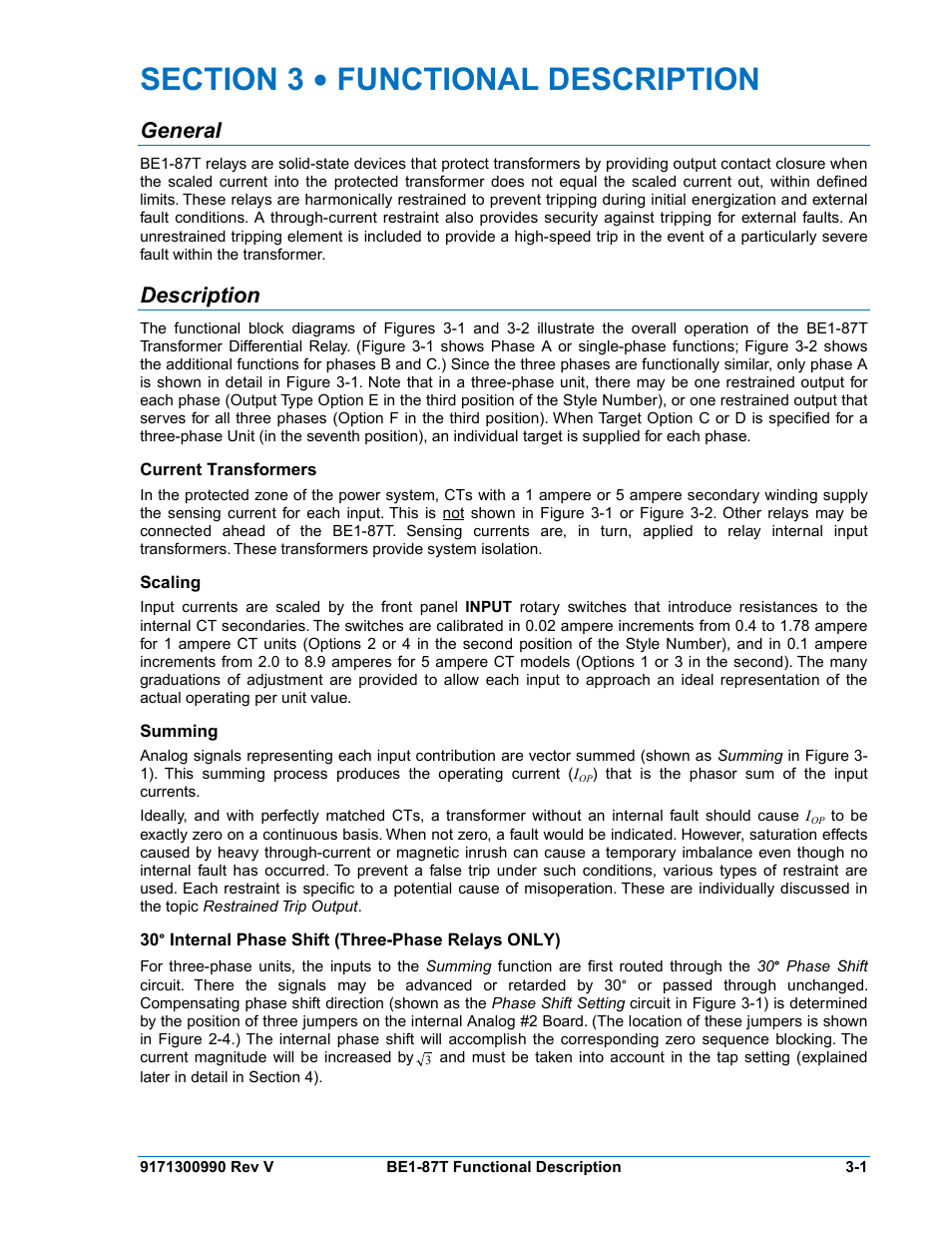 General, Description, Current transformers | Scaling, Summing, 30° internal phase shift (three-phase relays only), Section 3 • functional description -1, General -1, Description -1, Current transformers -1 | Basler Electric BE1-87T User Manual | Page 35 / 140