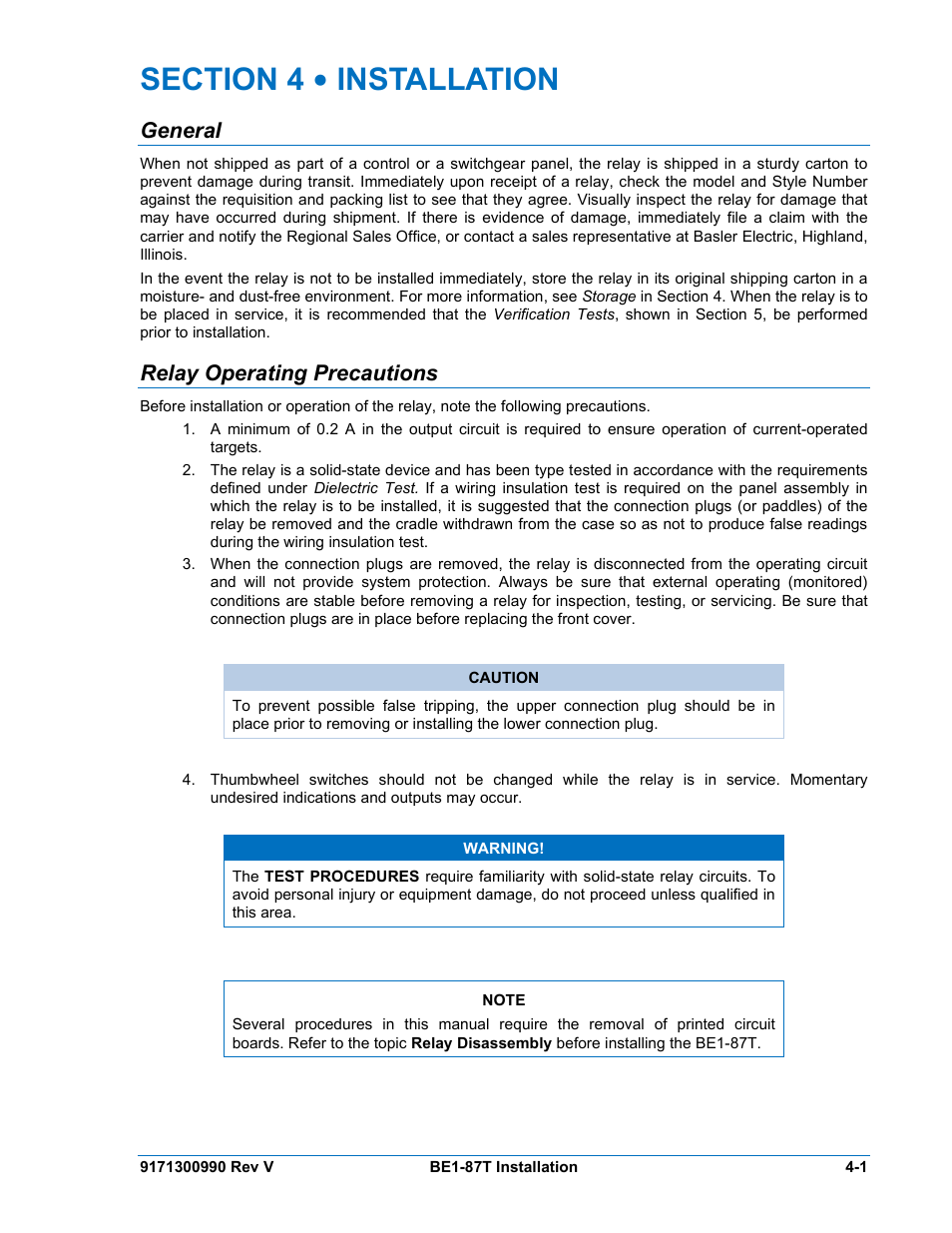 General, Relay operating precautions, Section 4 • installation -1 | General -1, Relay operating precautions -1 | Basler Electric BE1-87T User Manual | Page 43 / 140