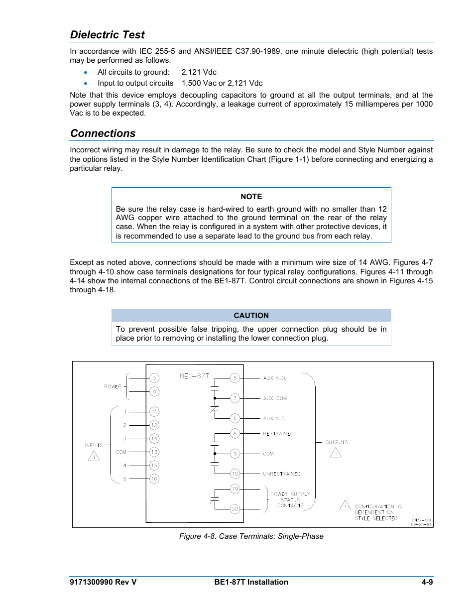 Dielectric test, Connections, Dielectric test -9 | Connections -9, Figure 4-8. case terminals: single-phase | Basler Electric BE1-87T User Manual | Page 51 / 140