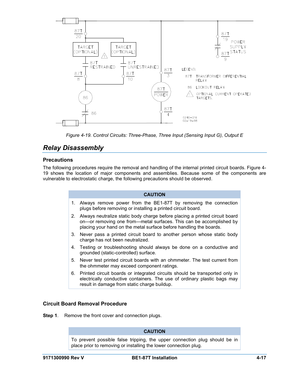 Relay disassembly, Precautions, Circuit board removal procedure | Relay disassembly -17, Precautions -17, Circuit board removal procedure -17 | Basler Electric BE1-87T User Manual | Page 59 / 140